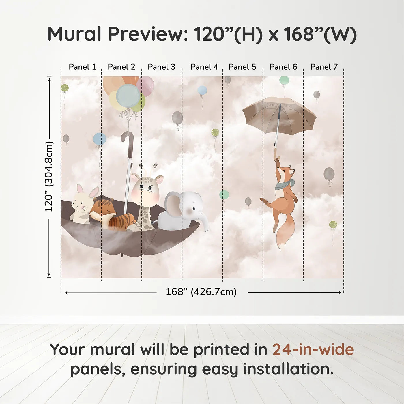 Whimsy Tots Flying Umbrella Wall Muraldimension view (120" H x 168" W). Printed in seven 24-inch-wide panels. Gender-Neutral