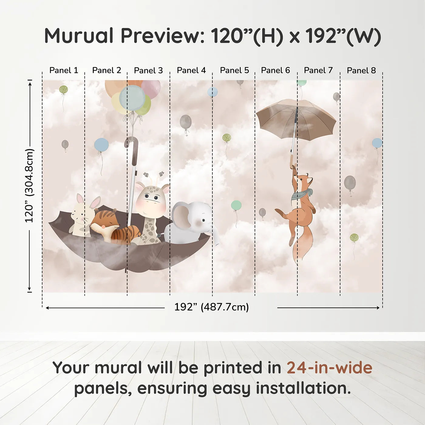 Whimsy Tots Flying Umbrella Wall Muraldimension view (120" H x 192" W). Printed in eight 24-inch-wide panels. Gender-Neutral