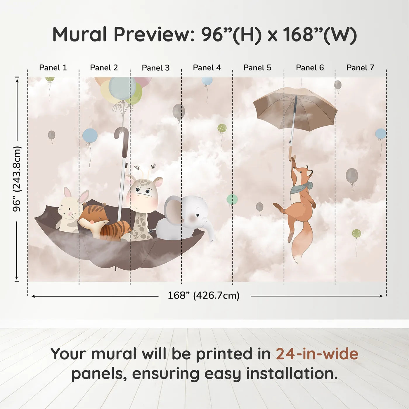 Whimsy Tots Flying Umbrella Wall Muraldimension view (96" H x 168" W). Printed in seven 24-inch-wide panels. Gender-Neutral