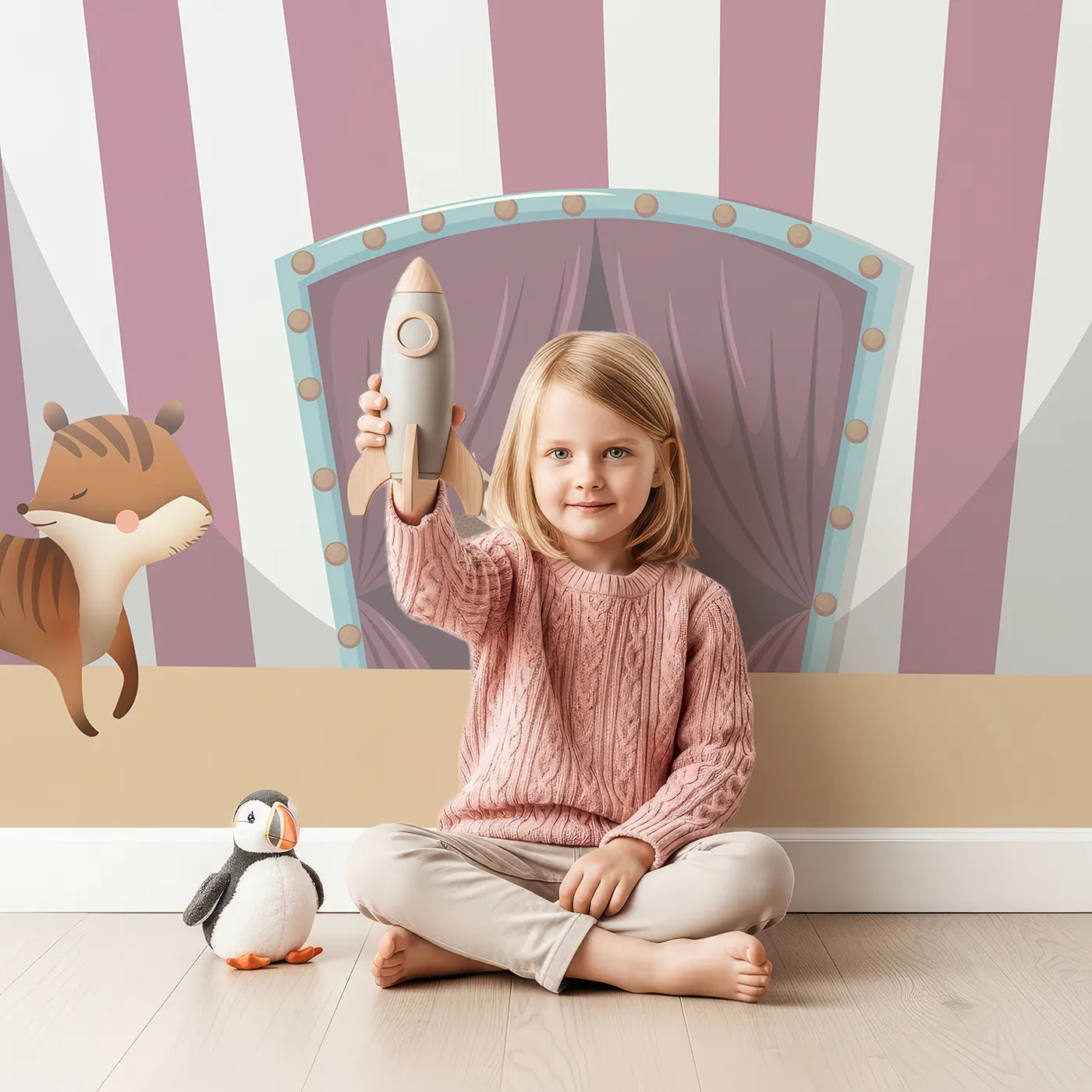 Child in front of Whimsy Tots Animal Circus Wall Mural with circus, animal, cute, pink, whimsical, tent, tiger, fox in design.