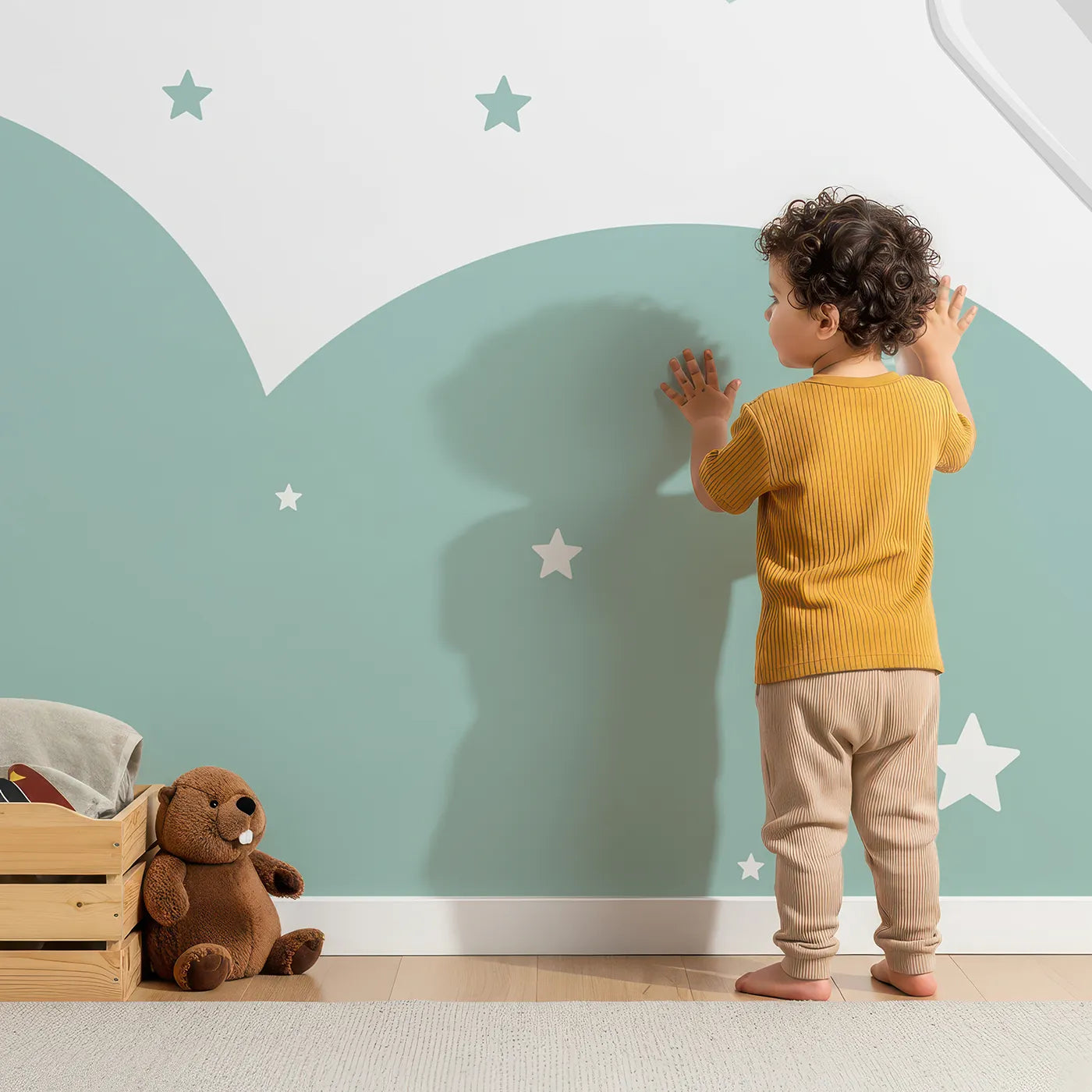 Child in front of Whimsy Tots Starry Sky Boat Ride Wall Mural with animal, boat, cloud, sky, star, cute, whimsical, elephant in design.