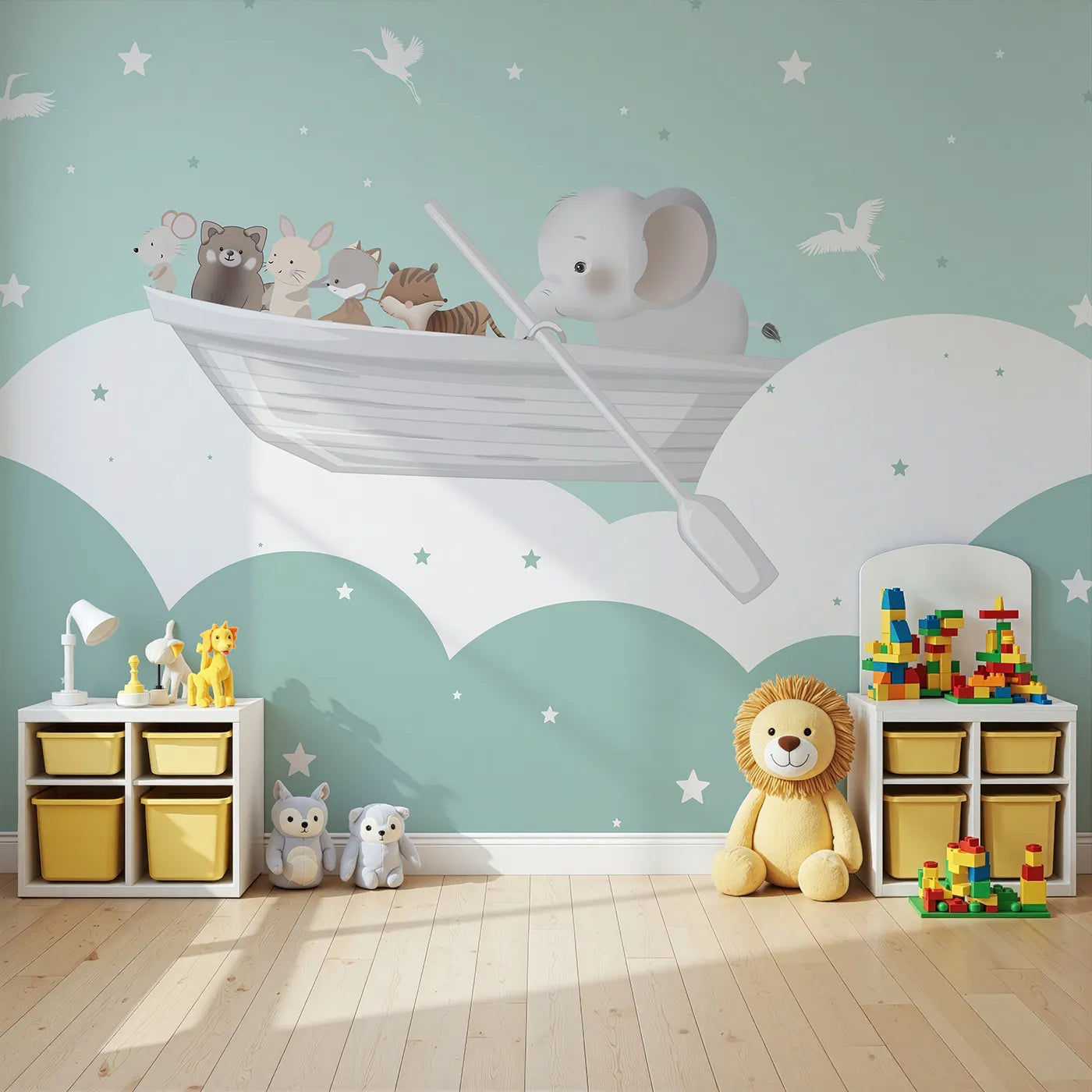 Angled view of Whimsy Tots' Starry Sky Boat Ride Wall Mural (Turn Their Room into a Magical, Dreamy Voyage).Gender-Neutral