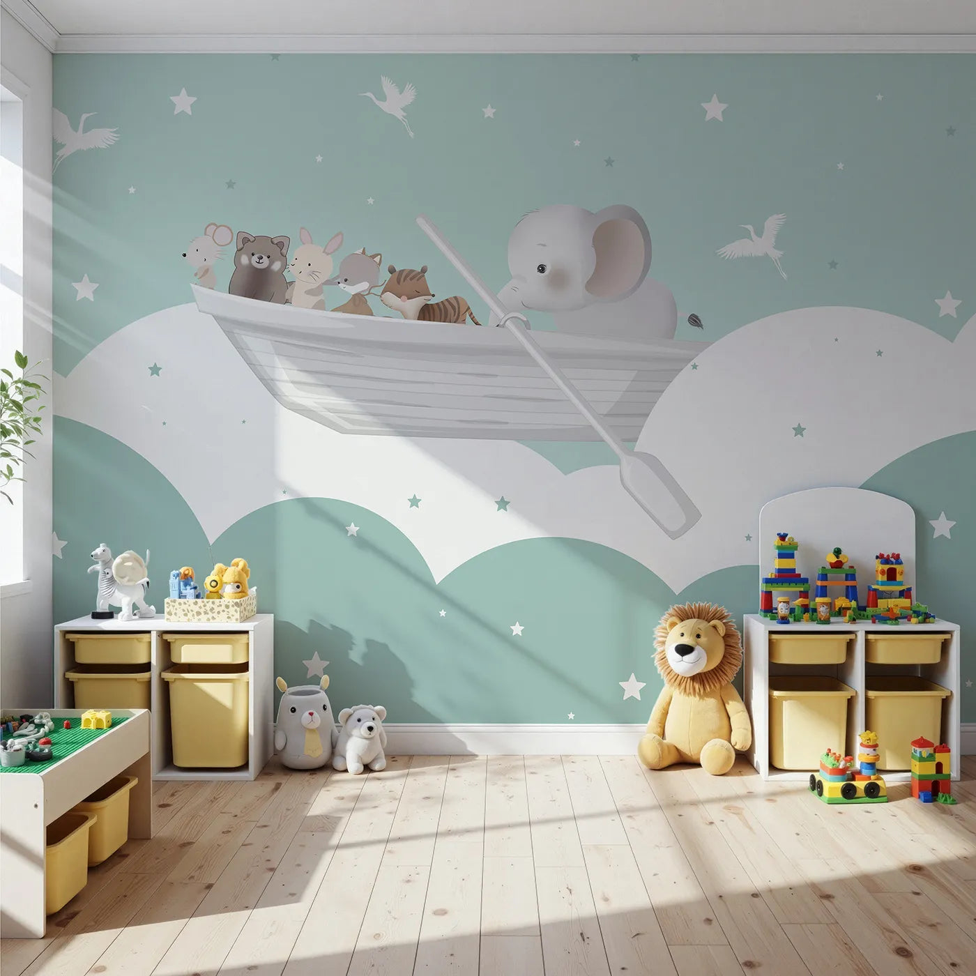 Front view of Whimsy Tots' Starry Sky Boat Ride Wall Mural