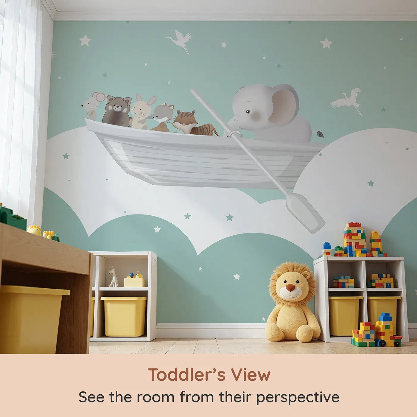Whimsy Tots Starry Sky Boat Ride Wall Mural (Turn Their Room into a Magical, Dreamy Voyage) from your child's view.Gender-Neutral