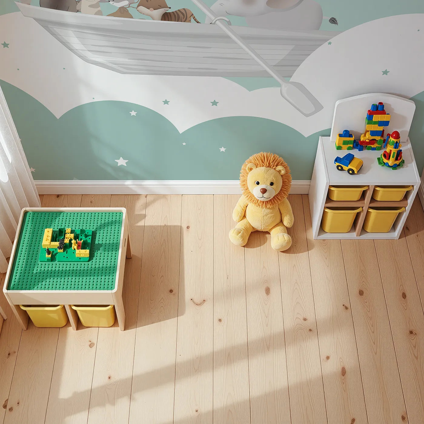 Top-down view of Whimsy Tots' Starry Sky Boat Ride Wall Mural (Turn Their Room into a Magical, Dreamy Voyage).Gender-Neutral