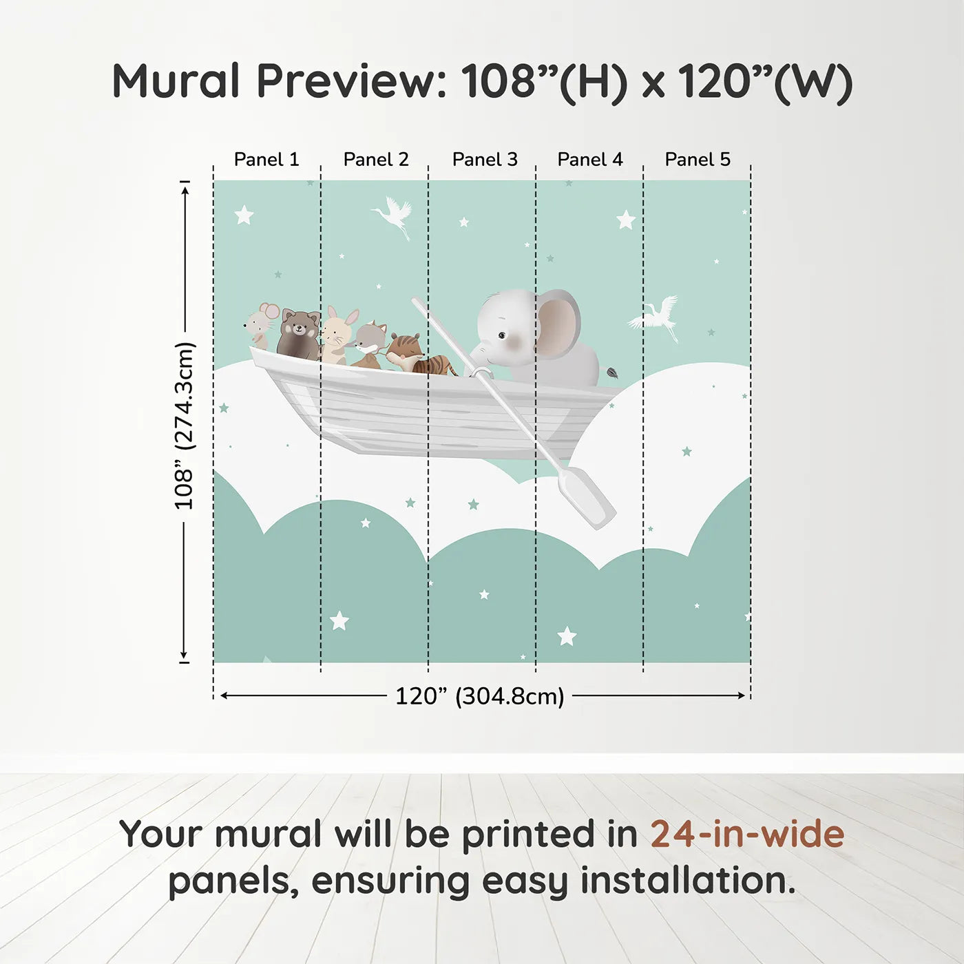 Whimsy Tots Starry Sky Boat Ride Wall Muraldimension view (108" H x 120" W). Printed in five 24-inch-wide panels. Gender-Neutral