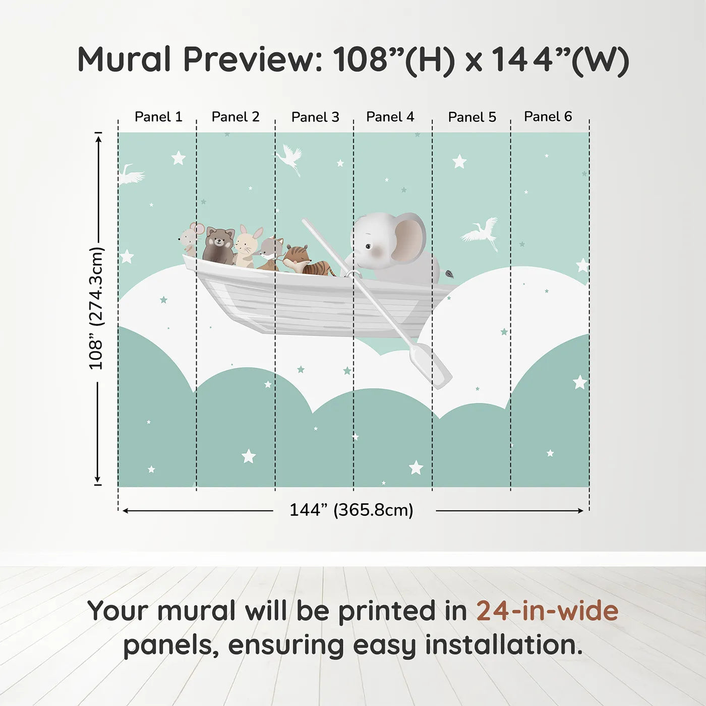 Whimsy Tots Starry Sky Boat Ride Wall Muraldimension view (108" H x 144" W). Printed in six 24-inch-wide panels. Gender-Neutral