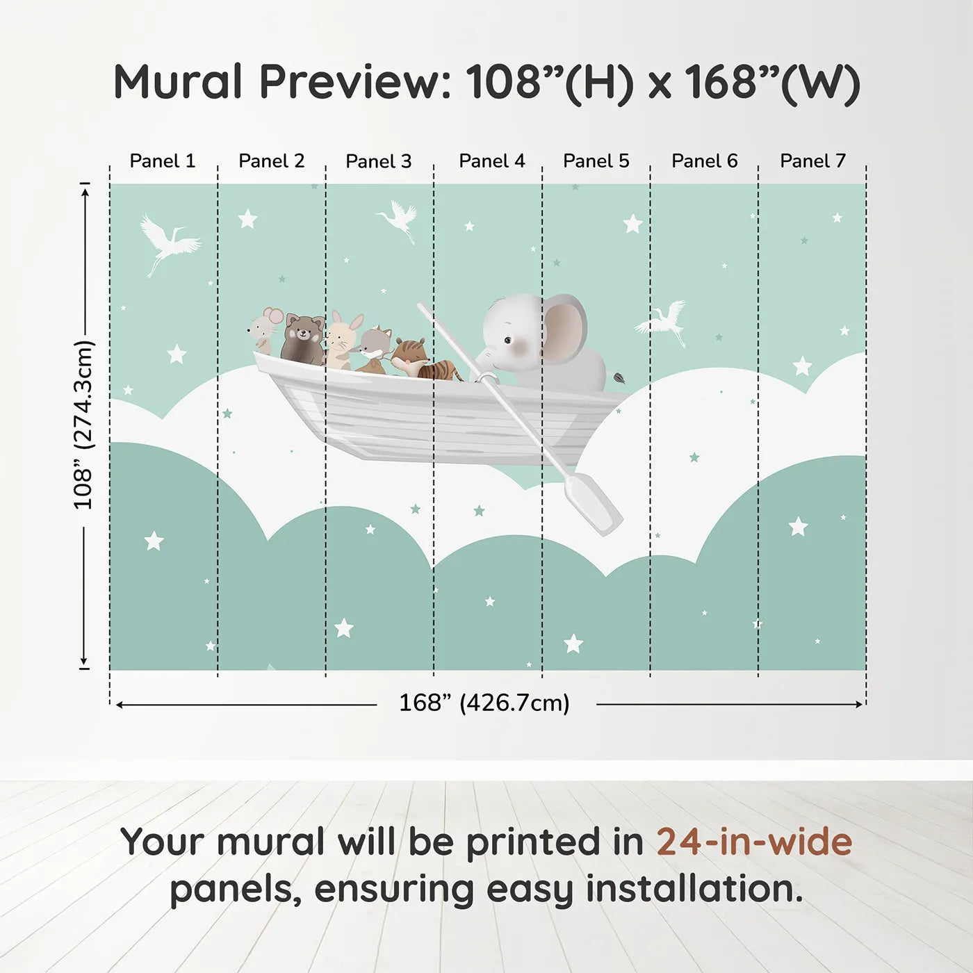 Whimsy Tots Starry Sky Boat Ride Wall Muraldimension view (108" H x 168" W). Printed in seven 24-inch-wide panels. Gender-Neutral