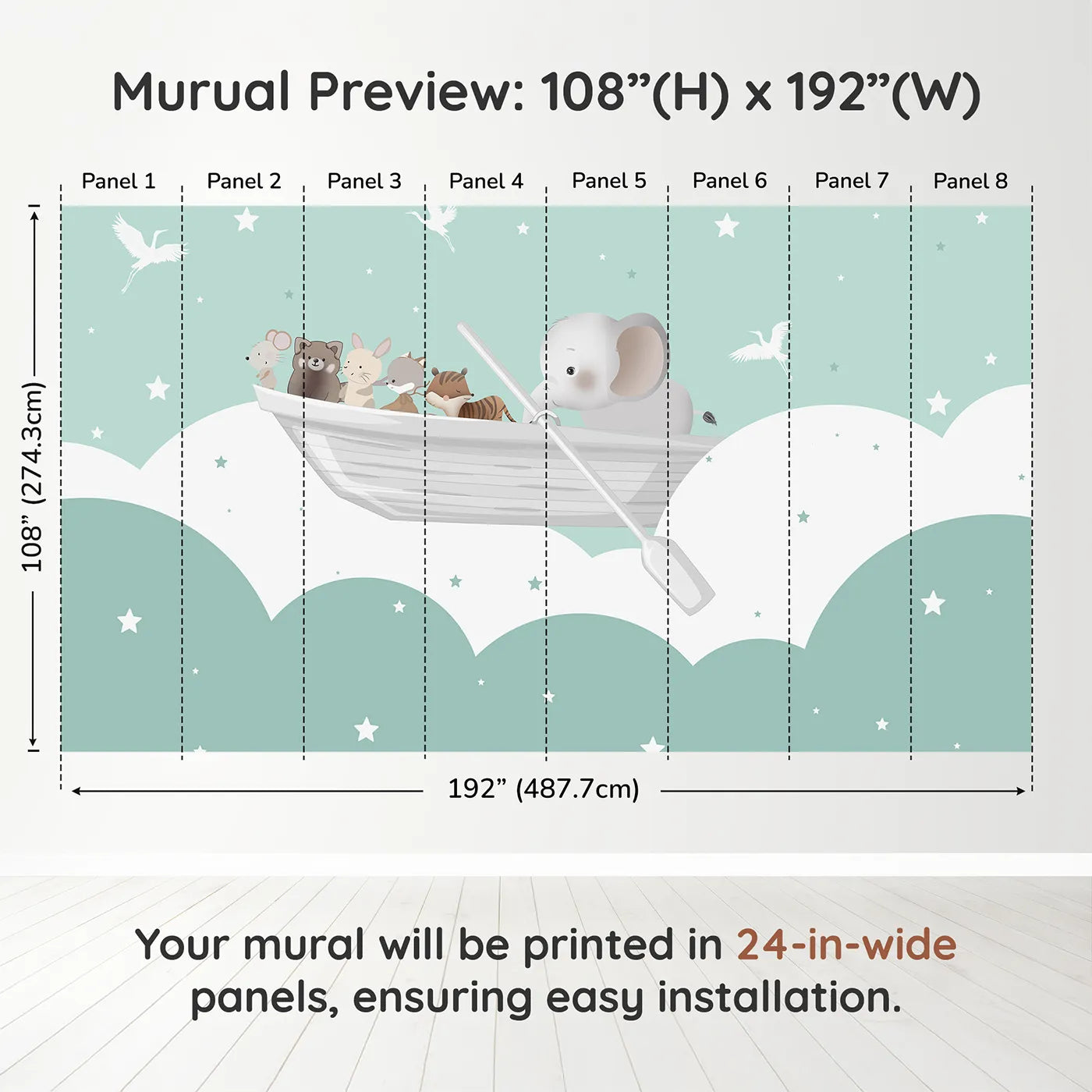 Whimsy Tots Starry Sky Boat Ride Wall Muraldimension view (108" H x 192" W). Printed in eight 24-inch-wide panels. Gender-Neutral