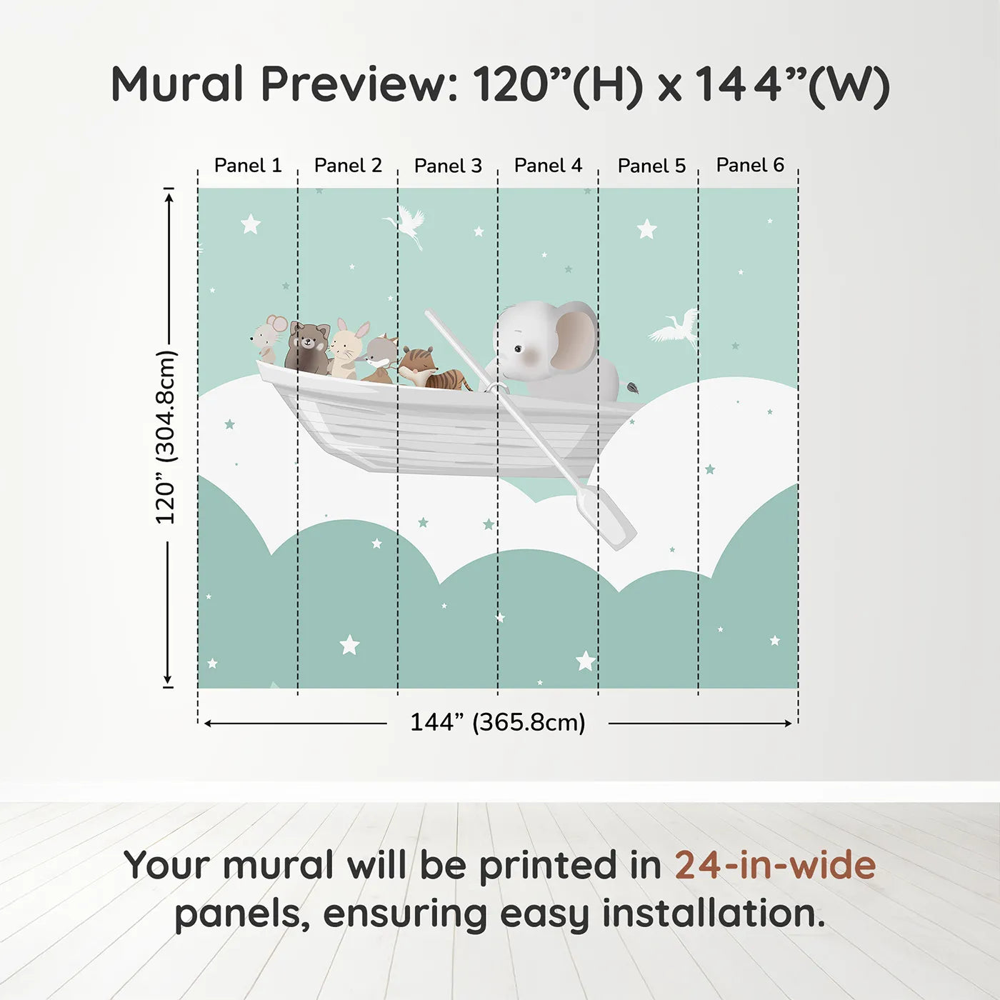 Whimsy Tots Starry Sky Boat Ride Wall Muraldimension view (120" H x 144" W). Printed in six 24-inch-wide panels. Gender-Neutral