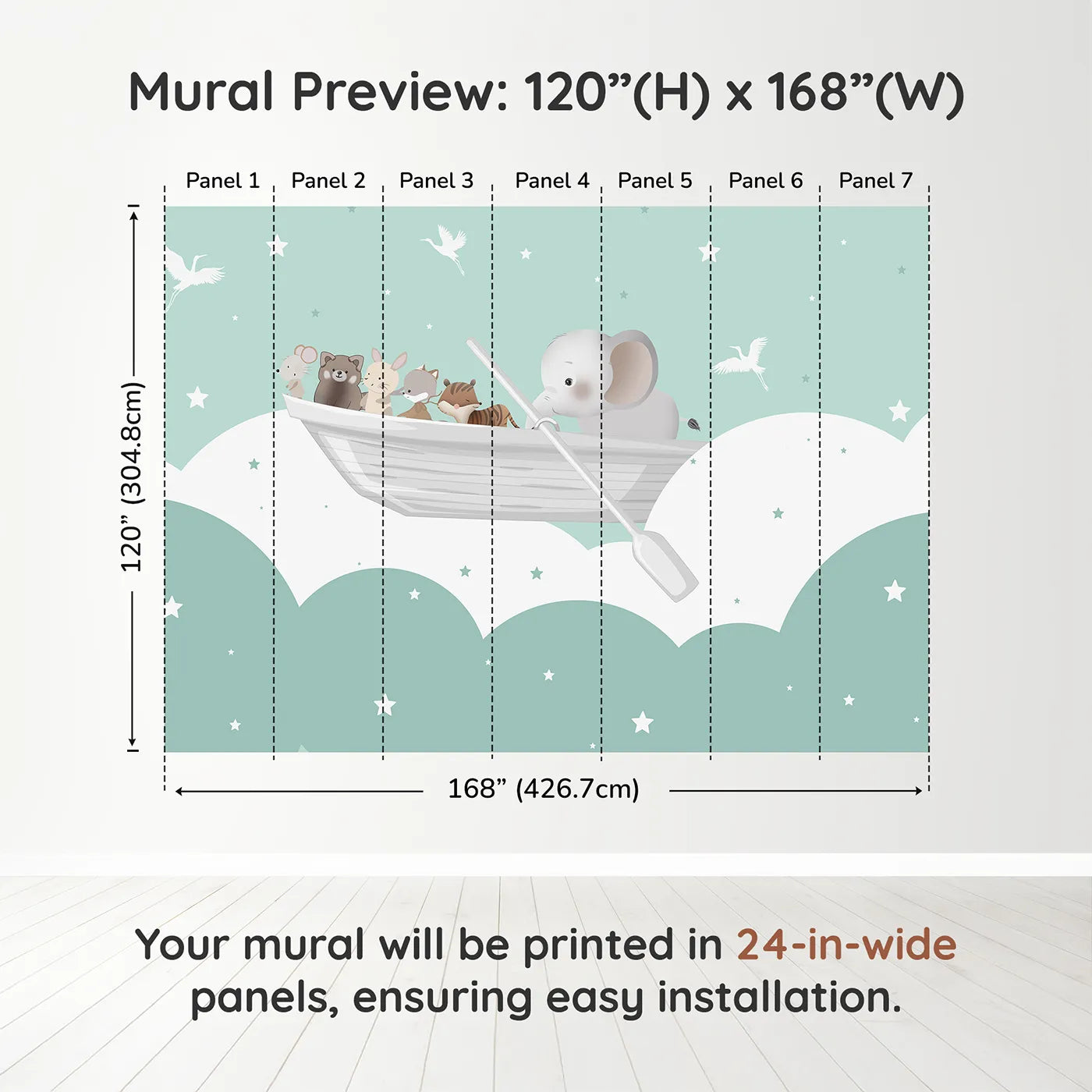 Whimsy Tots Starry Sky Boat Ride Wall Muraldimension view (120" H x 168" W). Printed in seven 24-inch-wide panels. Gender-Neutral