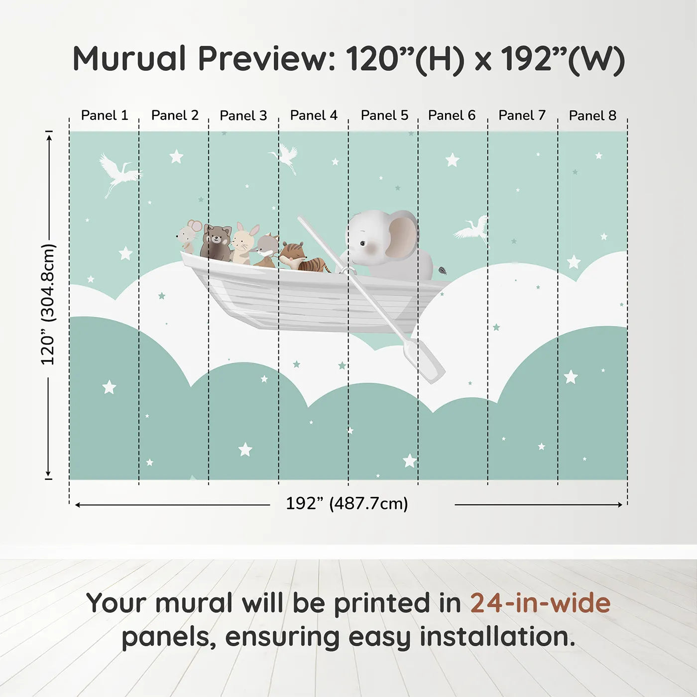 Whimsy Tots Starry Sky Boat Ride Wall Muraldimension view (120" H x 192" W). Printed in eight 24-inch-wide panels. Gender-Neutral