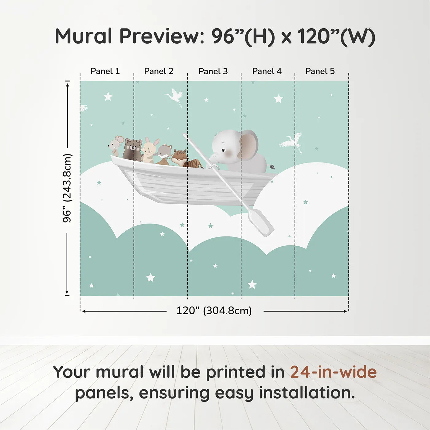 Whimsy Tots Starry Sky Boat Ride Wall Muraldimension view (96" H x 120" W). Printed in five 24-inch-wide panels. Gender-Neutral