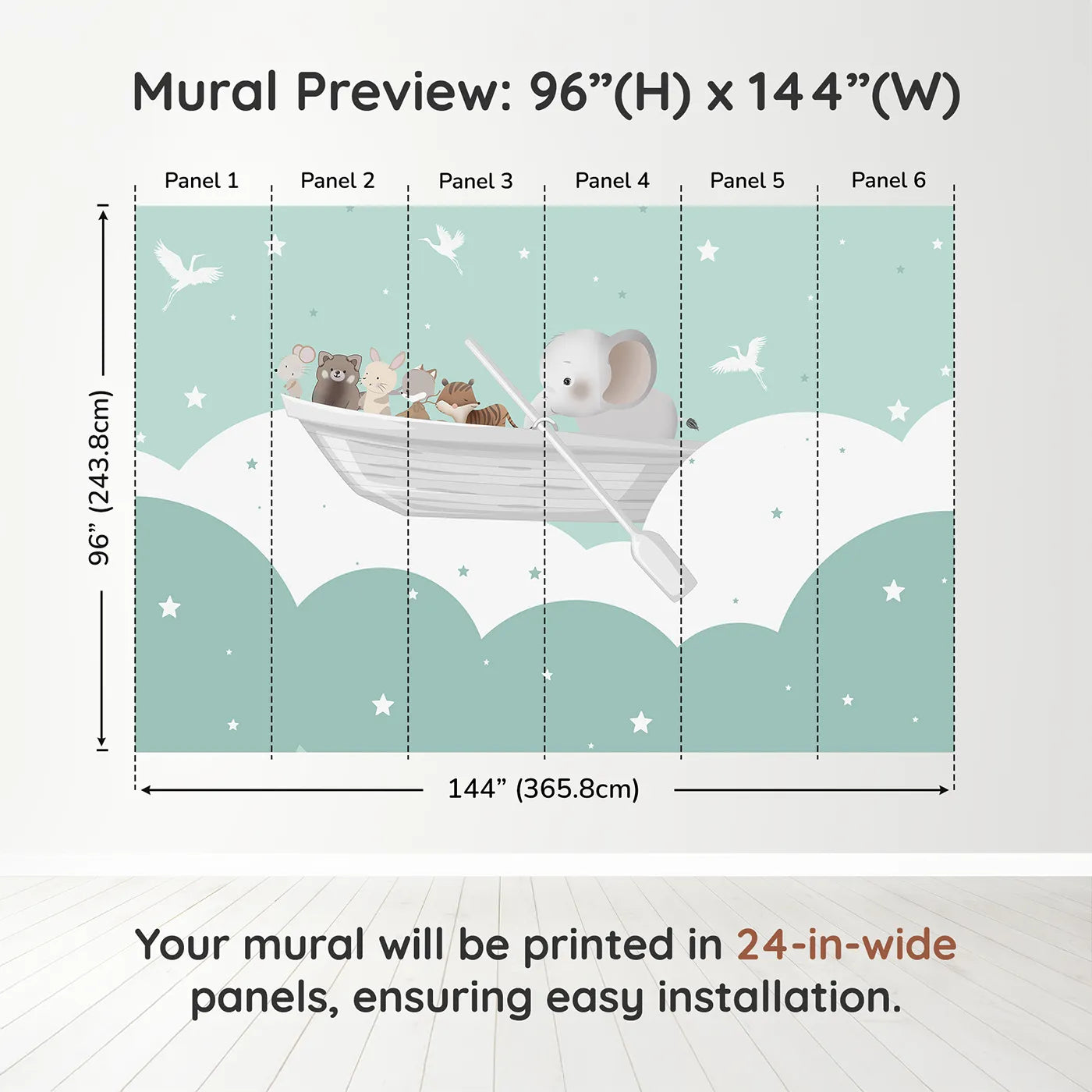 Whimsy Tots Starry Sky Boat Ride Wall Muraldimension view (96" H x 144" W). Printed in six 24-inch-wide panels. Gender-Neutral