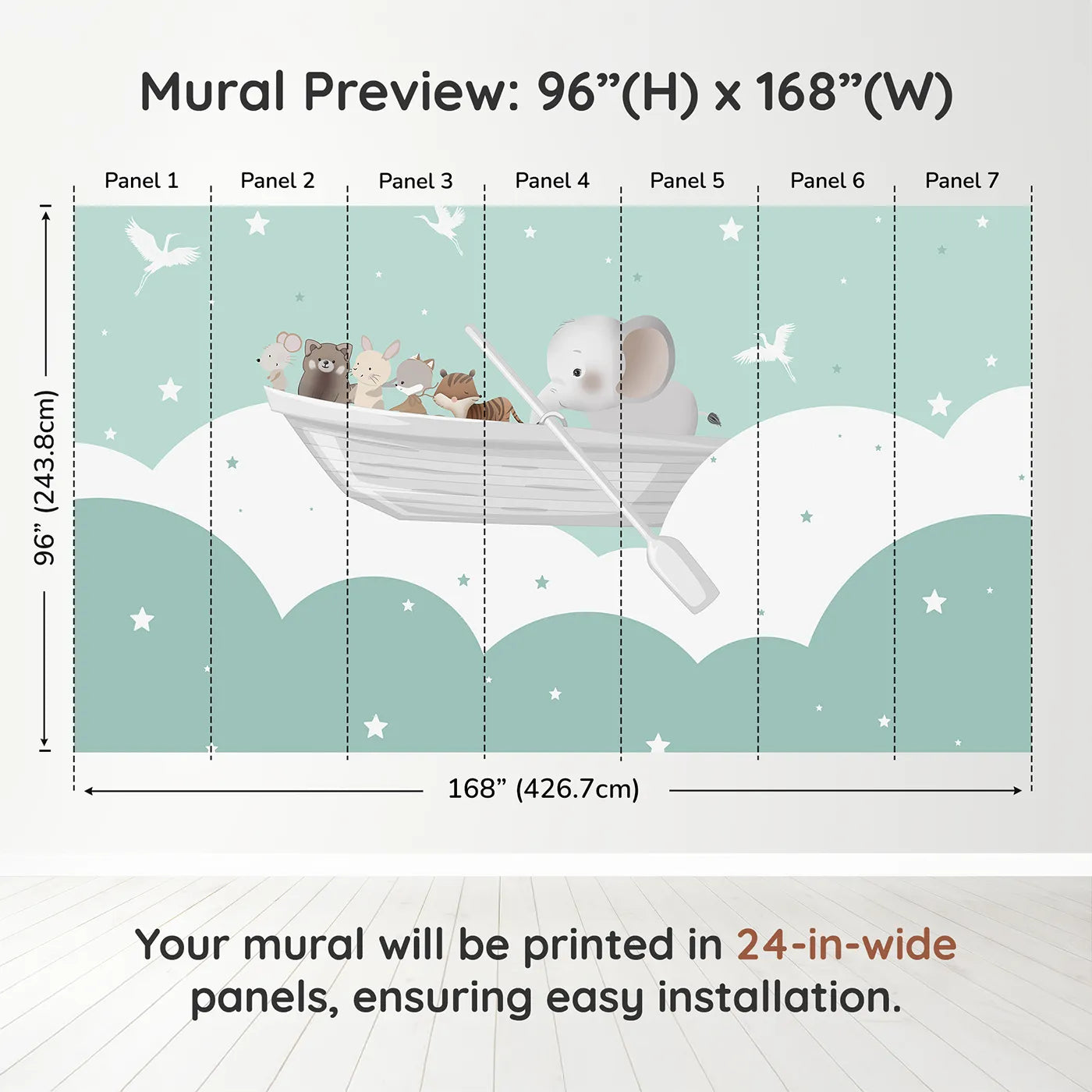 Whimsy Tots Starry Sky Boat Ride Wall Muraldimension view (96" H x 168" W). Printed in seven 24-inch-wide panels. Gender-Neutral