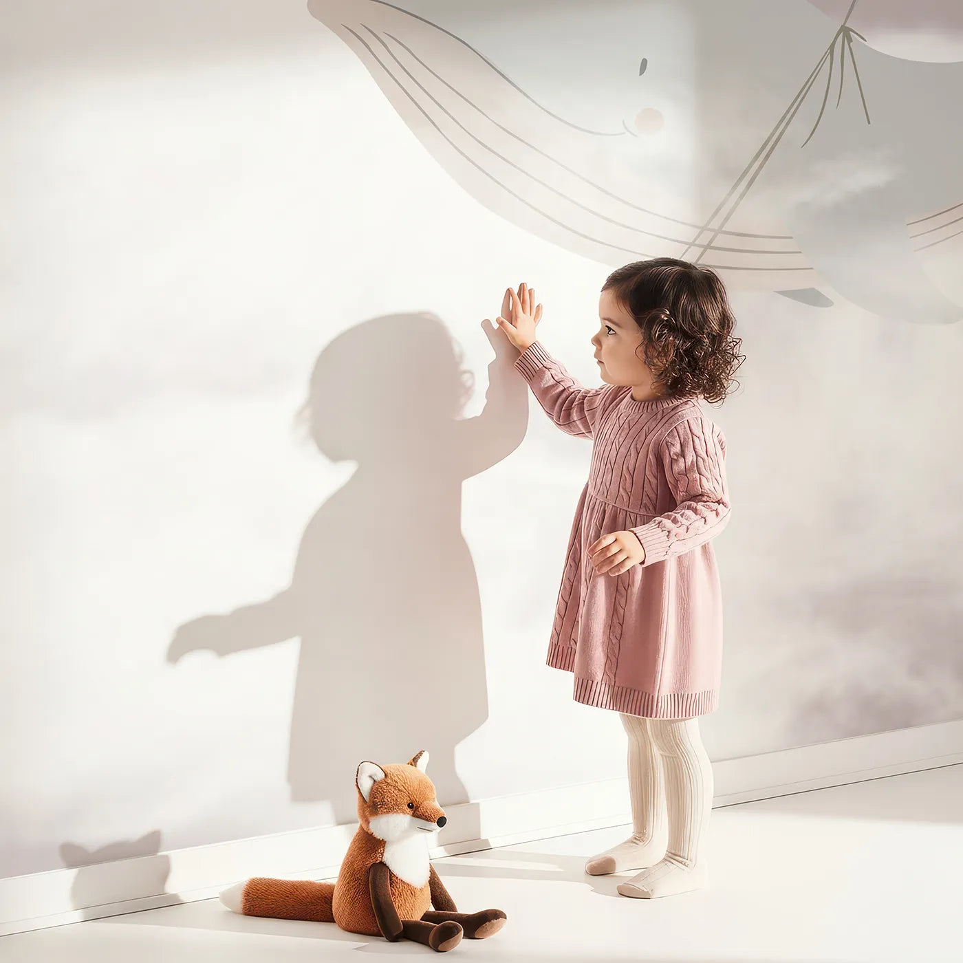 Child in front of Whimsy Tots Flying Whale Princes Wall Mural with whale, flying, moon, cloud, pink, cute, crown, fantasy in design.