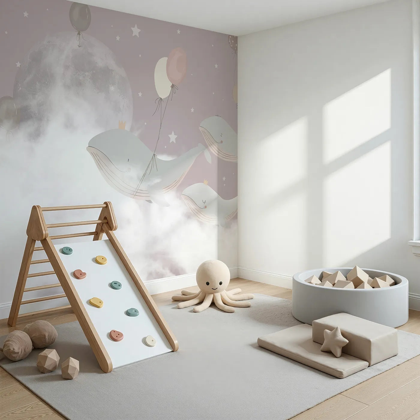Angled view of Whimsy Tots' Flying Whale Princes Wall Mural (Turn Their Room into a Magical, Royal Dreamscape).Gender-Neutral