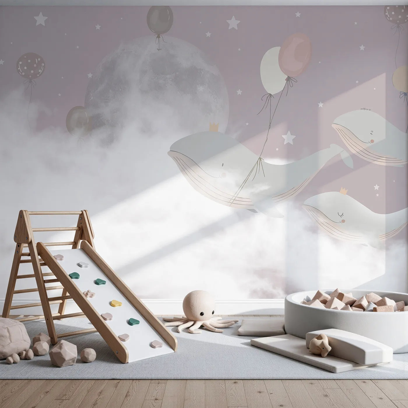 Front view of Whimsy Tots' Flying Whale Princes Wall Mural