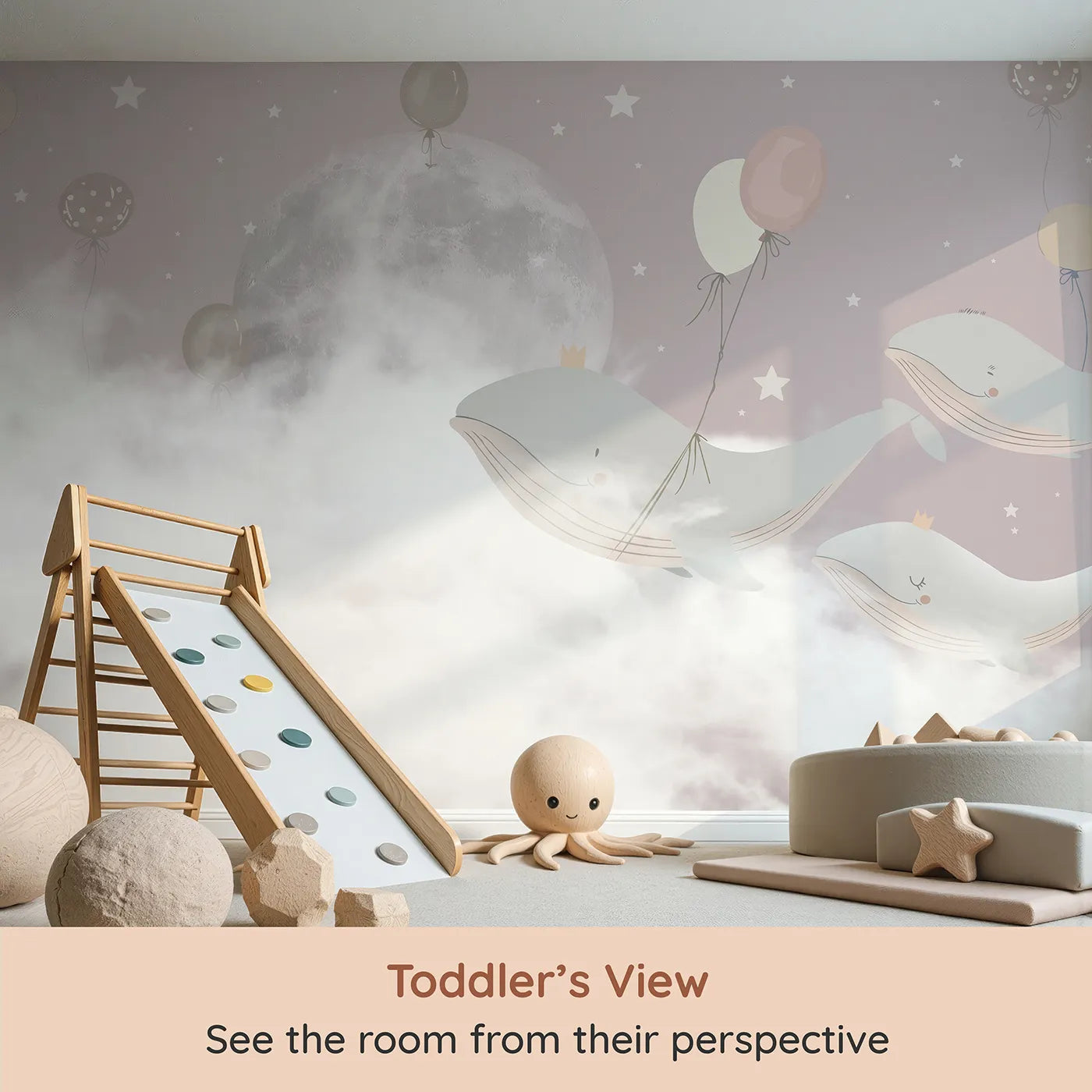 Whimsy Tots Flying Whale Princes Wall Mural (Turn Their Room into a Magical, Royal Dreamscape) from your child's view.Gender-Neutral