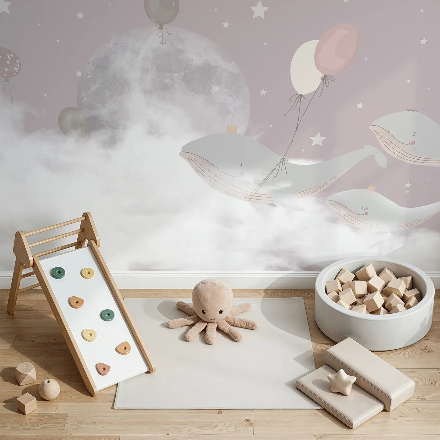 Top-down view of Whimsy Tots' Flying Whale Princes Wall Mural (Turn Their Room into a Magical, Royal Dreamscape).Gender-Neutral