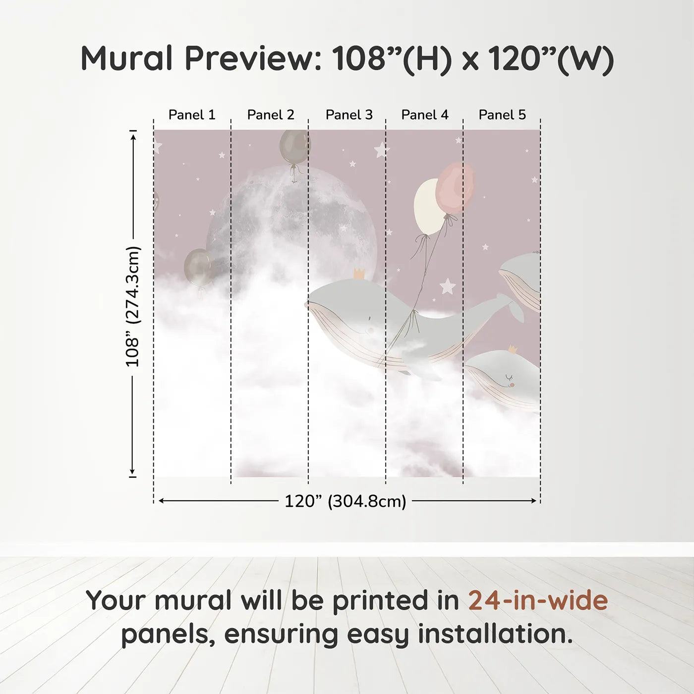 Whimsy Tots Flying Whale Princes Wall Muraldimension view (108" H x 120" W). Printed in five 24-inch-wide panels. Gender-Neutral