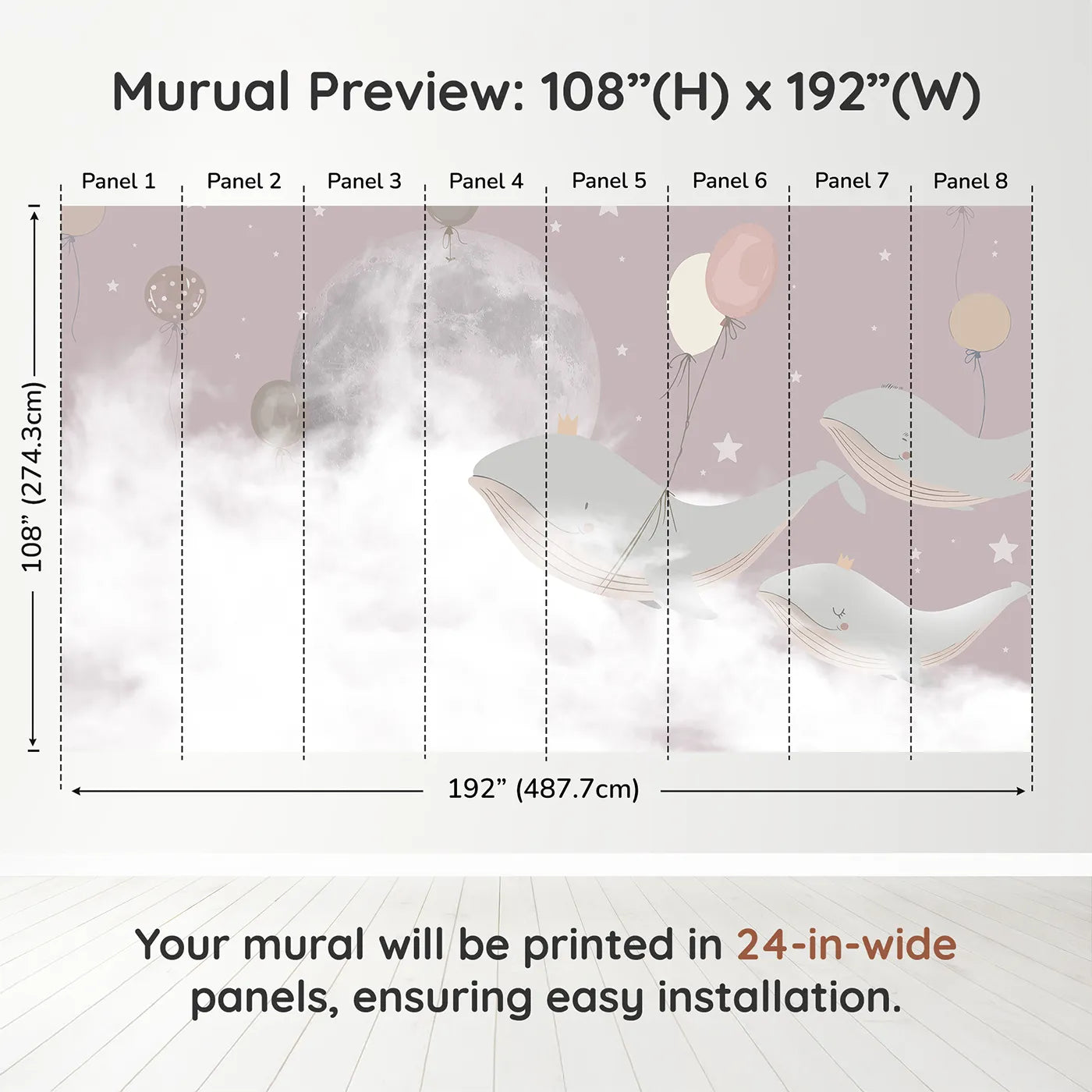 Whimsy Tots Flying Whale Princes Wall Muraldimension view (108" H x 192" W). Printed in eight 24-inch-wide panels. Gender-Neutral