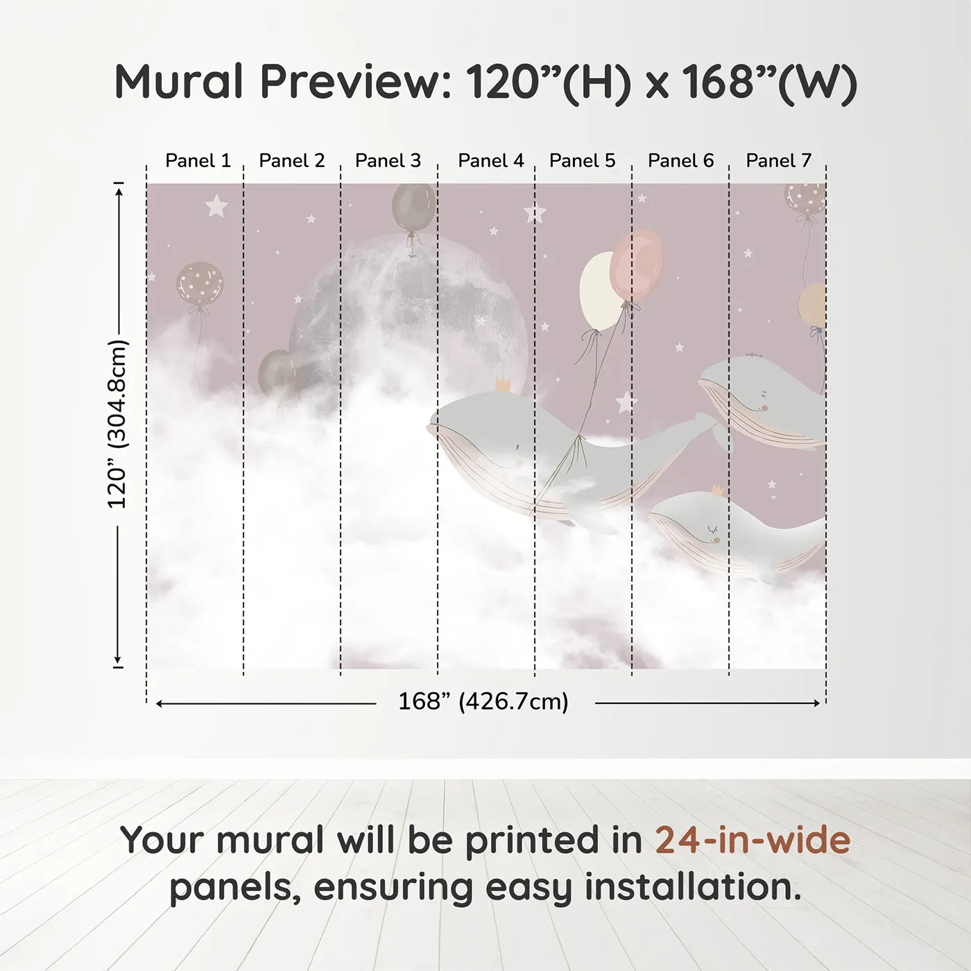 Whimsy Tots Flying Whale Princes Wall Muraldimension view (120" H x 168" W). Printed in seven 24-inch-wide panels. Gender-Neutral