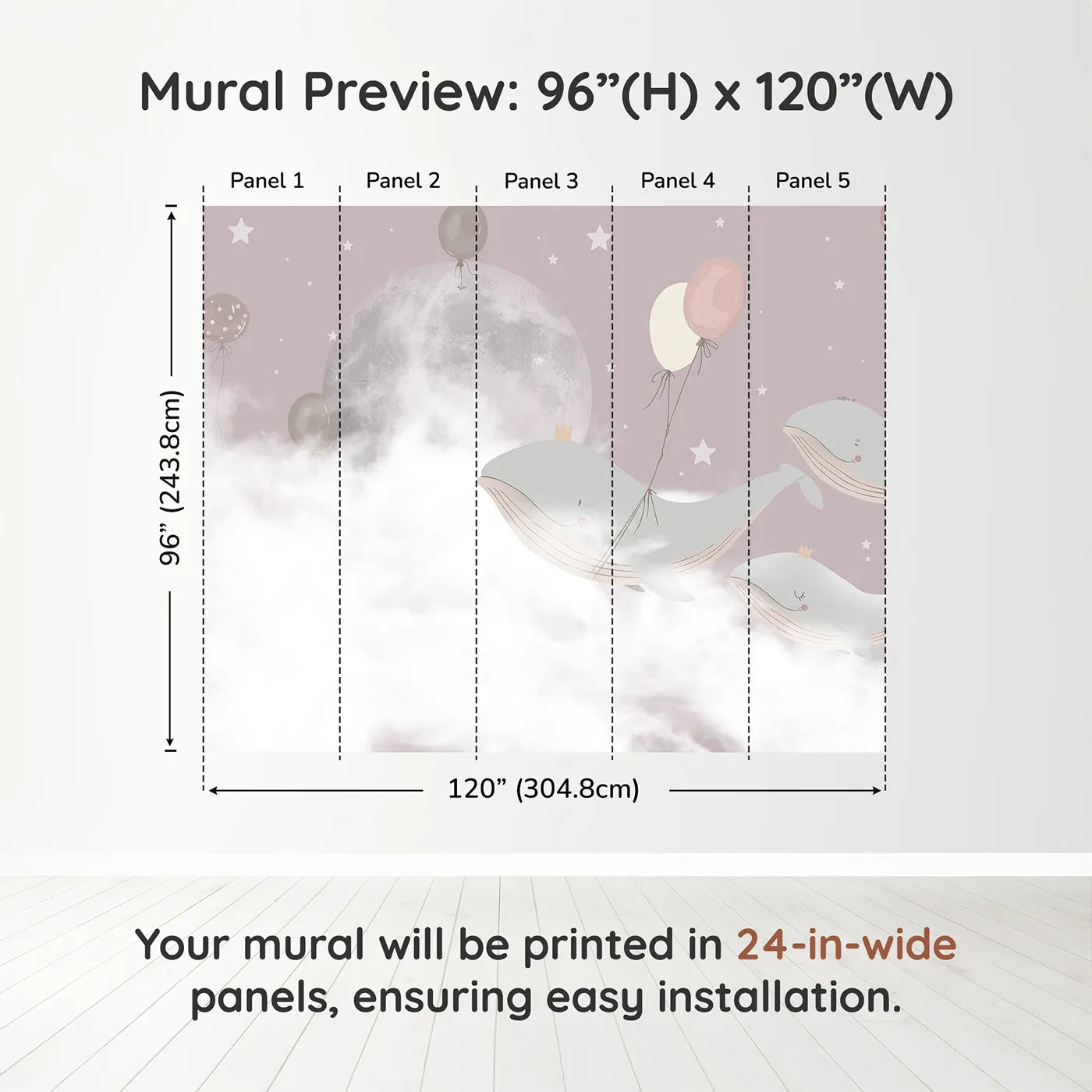 Whimsy Tots Flying Whale Princes Wall Muraldimension view (96" H x 120" W). Printed in five 24-inch-wide panels. Gender-Neutral