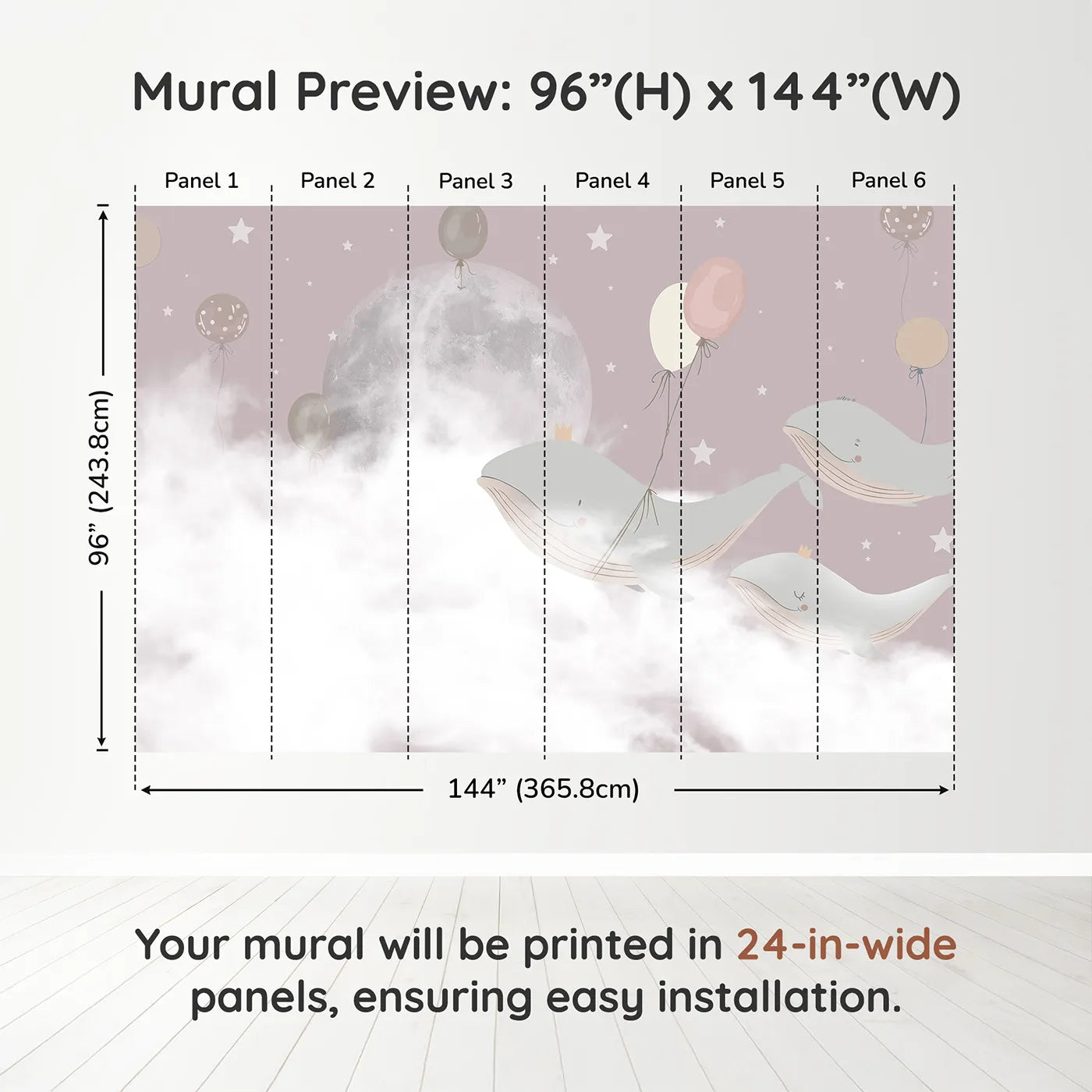 Whimsy Tots Flying Whale Princes Wall Muraldimension view (96" H x 144" W). Printed in six 24-inch-wide panels. Gender-Neutral