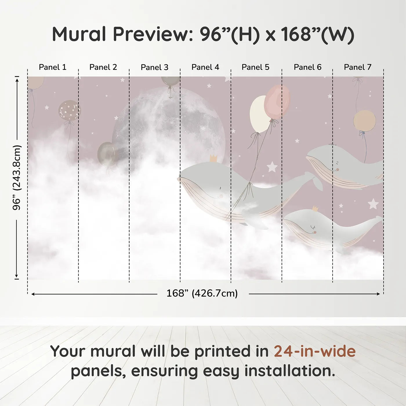 Whimsy Tots Flying Whale Princes Wall Muraldimension view (96" H x 168" W). Printed in seven 24-inch-wide panels. Gender-Neutral