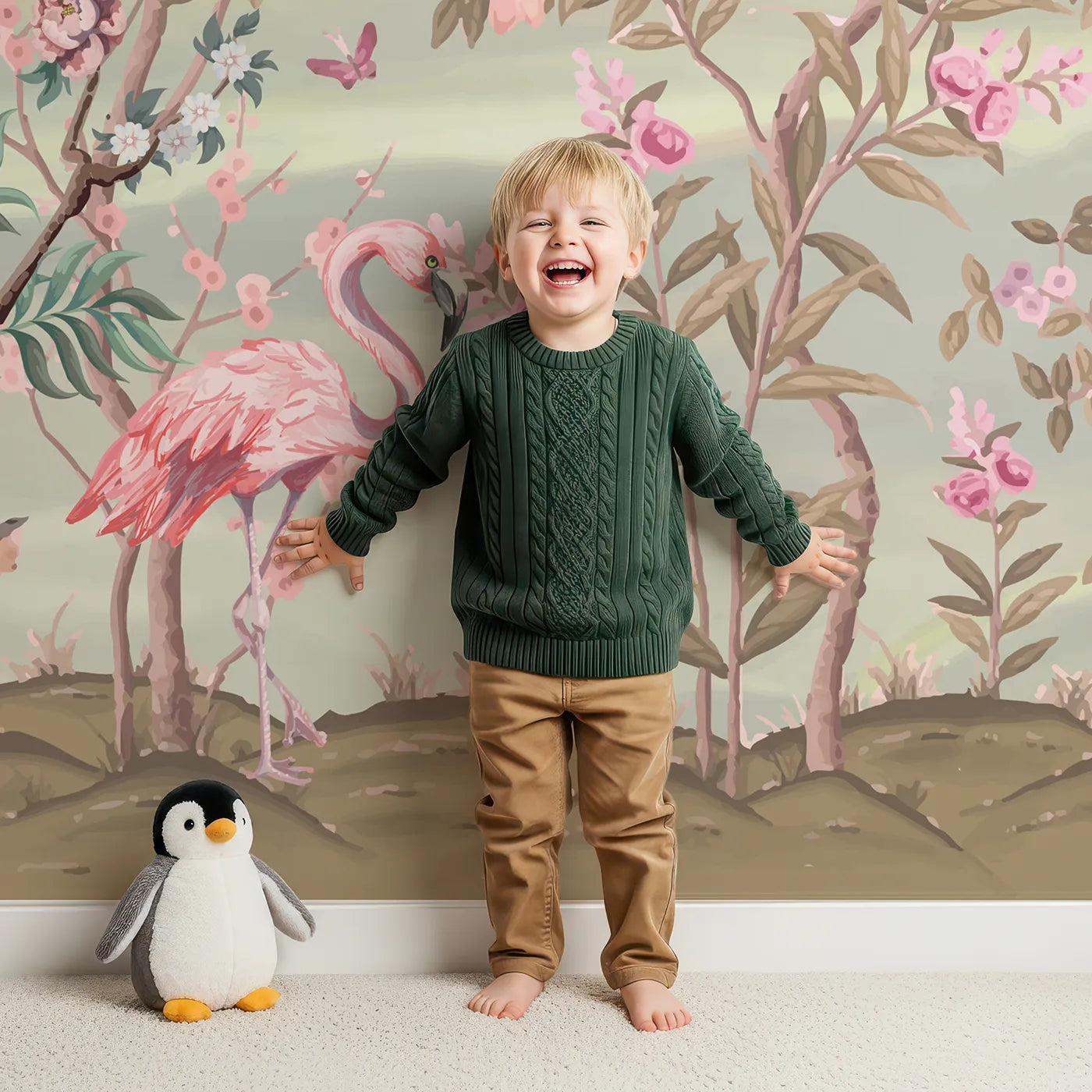 Child in front of Whimsy Tots Exotic Bird Garden Wall Mural in Pink with chinoiserie, vintage, floral, bird, exotic, tropical, classic, pink in design.