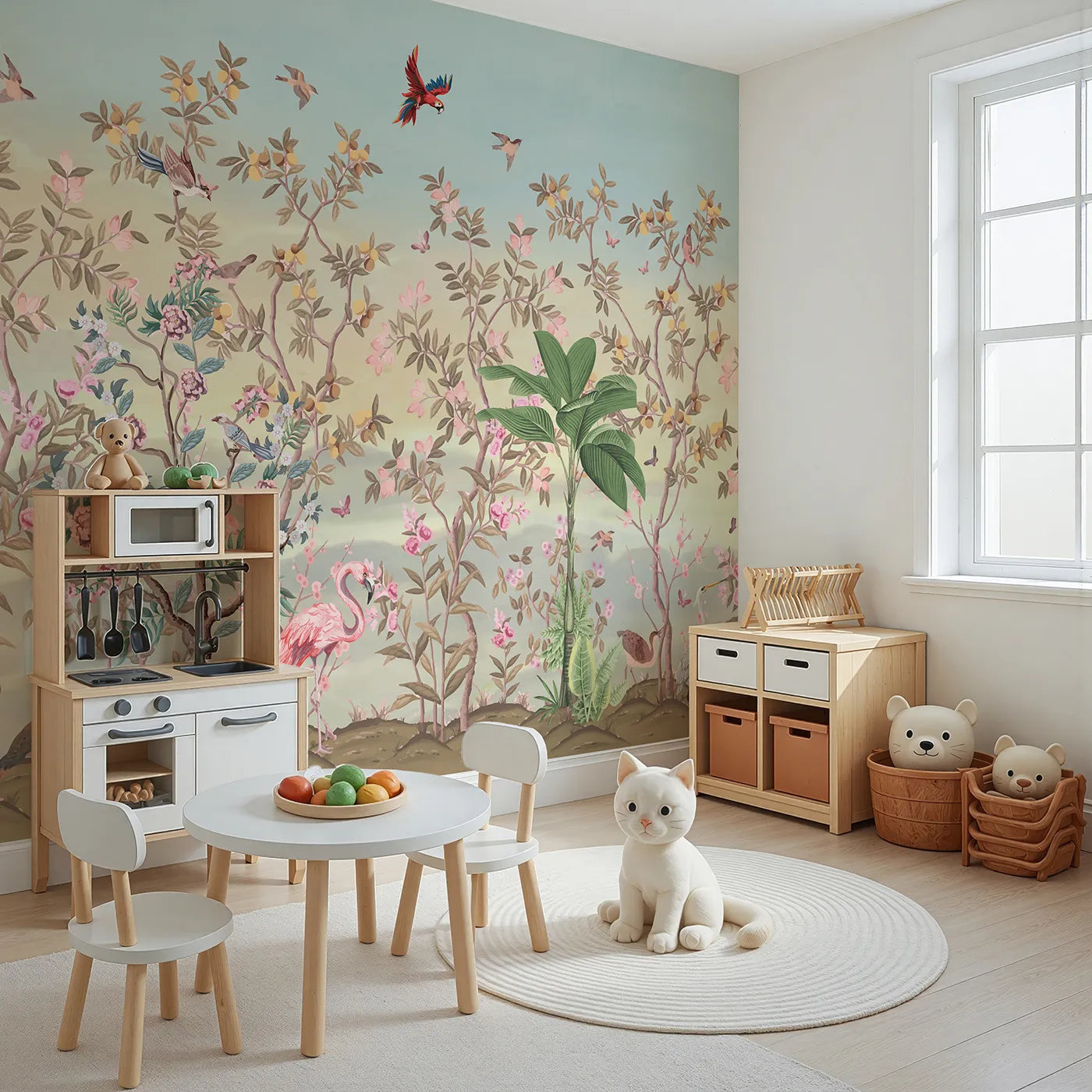 Angled view of Whimsy Tots' Exotic Bird Garden Wall Mural in Pink (Turn Their Room into a Lush, Hand-Painted Paradise).Gender-Neutral
