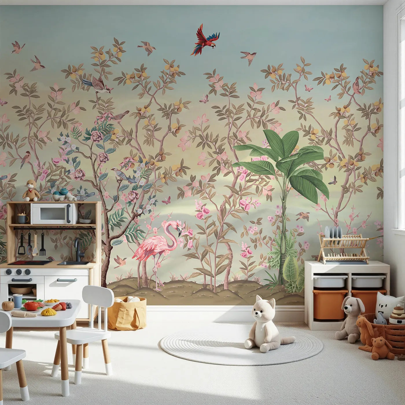 Front view of Whimsy Tots' Exotic Bird Garden Wall Mural in Pink