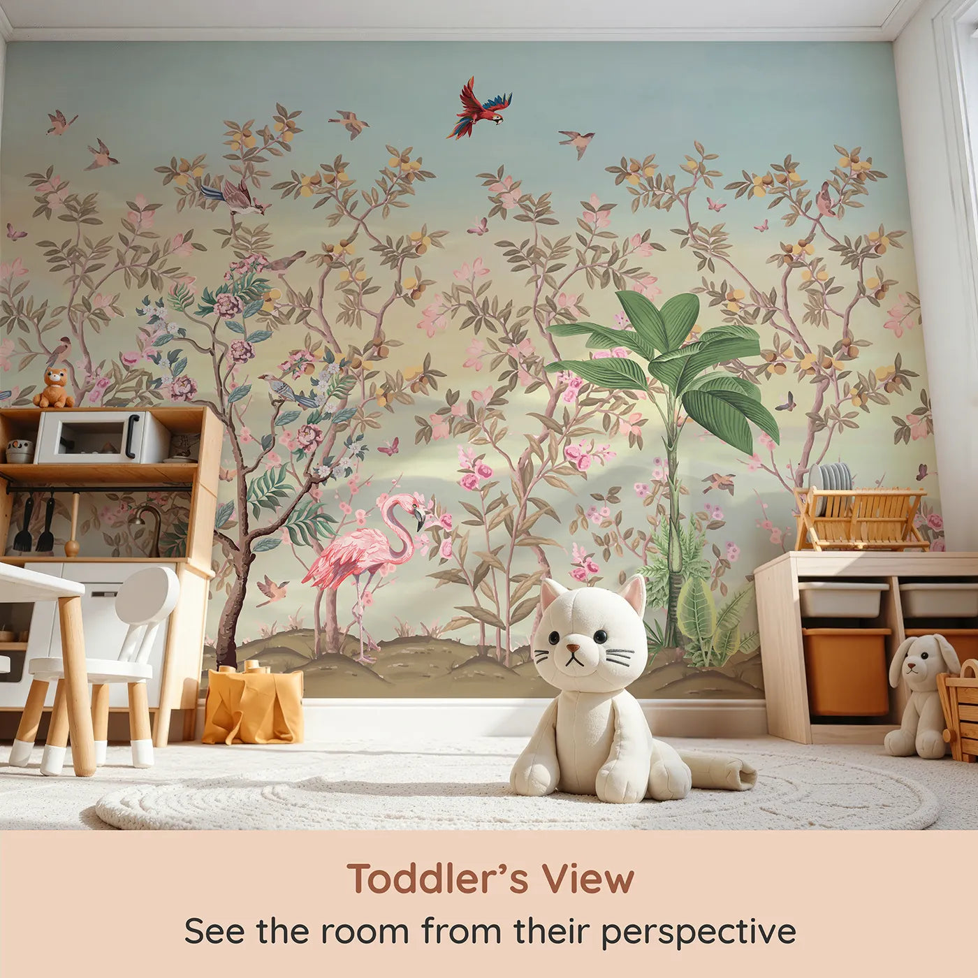 Whimsy Tots Exotic Bird Garden Wall Mural in Pink (Turn Their Room into a Lush, Hand-Painted Paradise) from your child's view.Gender-Neutral