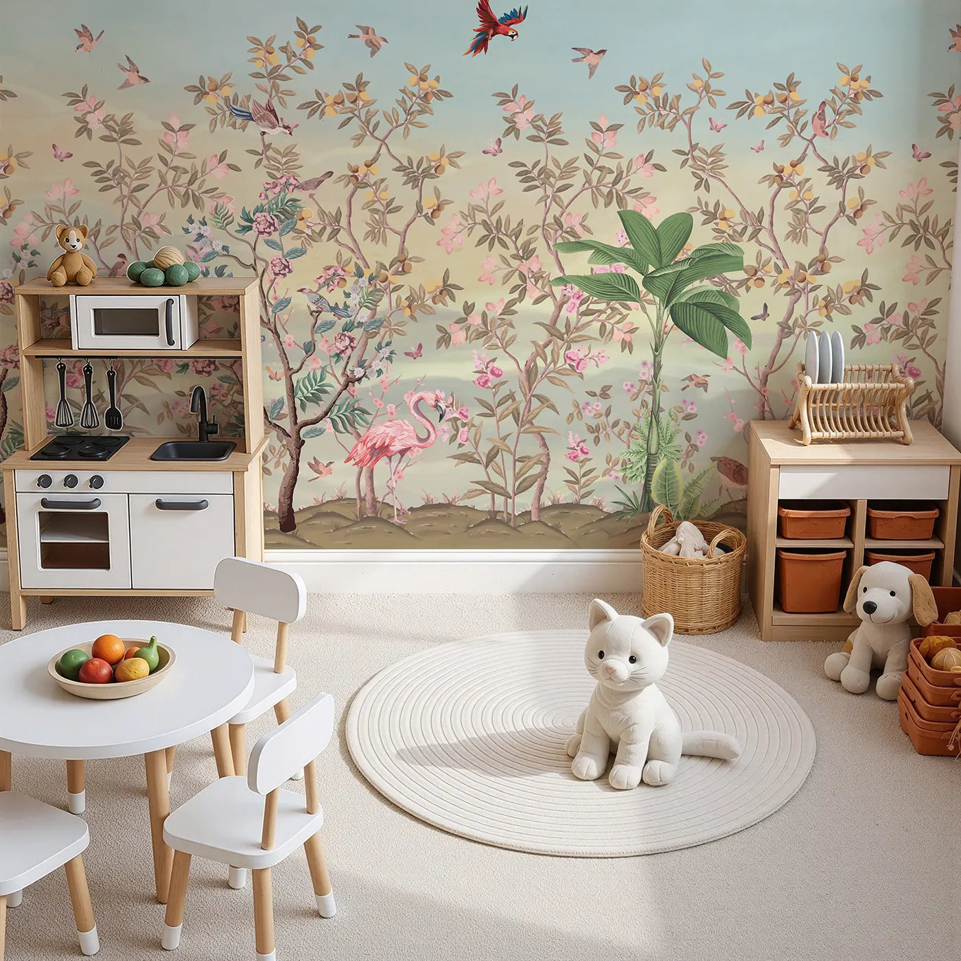 Top-down view of Whimsy Tots' Exotic Bird Garden Wall Mural in Pink (Turn Their Room into a Lush, Hand-Painted Paradise).Gender-Neutral