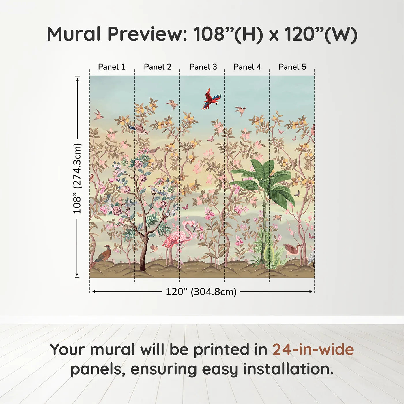 Whimsy Tots Exotic Bird Garden Wall Mural in Pinkdimension view (108" H x 120" W). Printed in five 24-inch-wide panels. Gender-Neutral