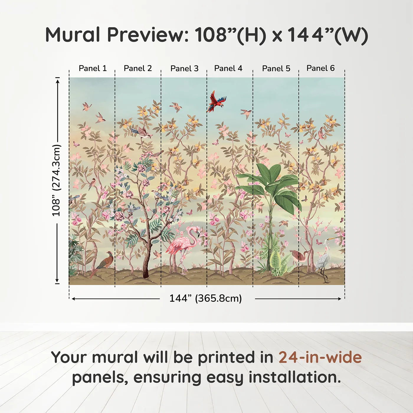 Whimsy Tots Exotic Bird Garden Wall Mural in Pinkdimension view (108" H x 144" W). Printed in six 24-inch-wide panels. Gender-Neutral