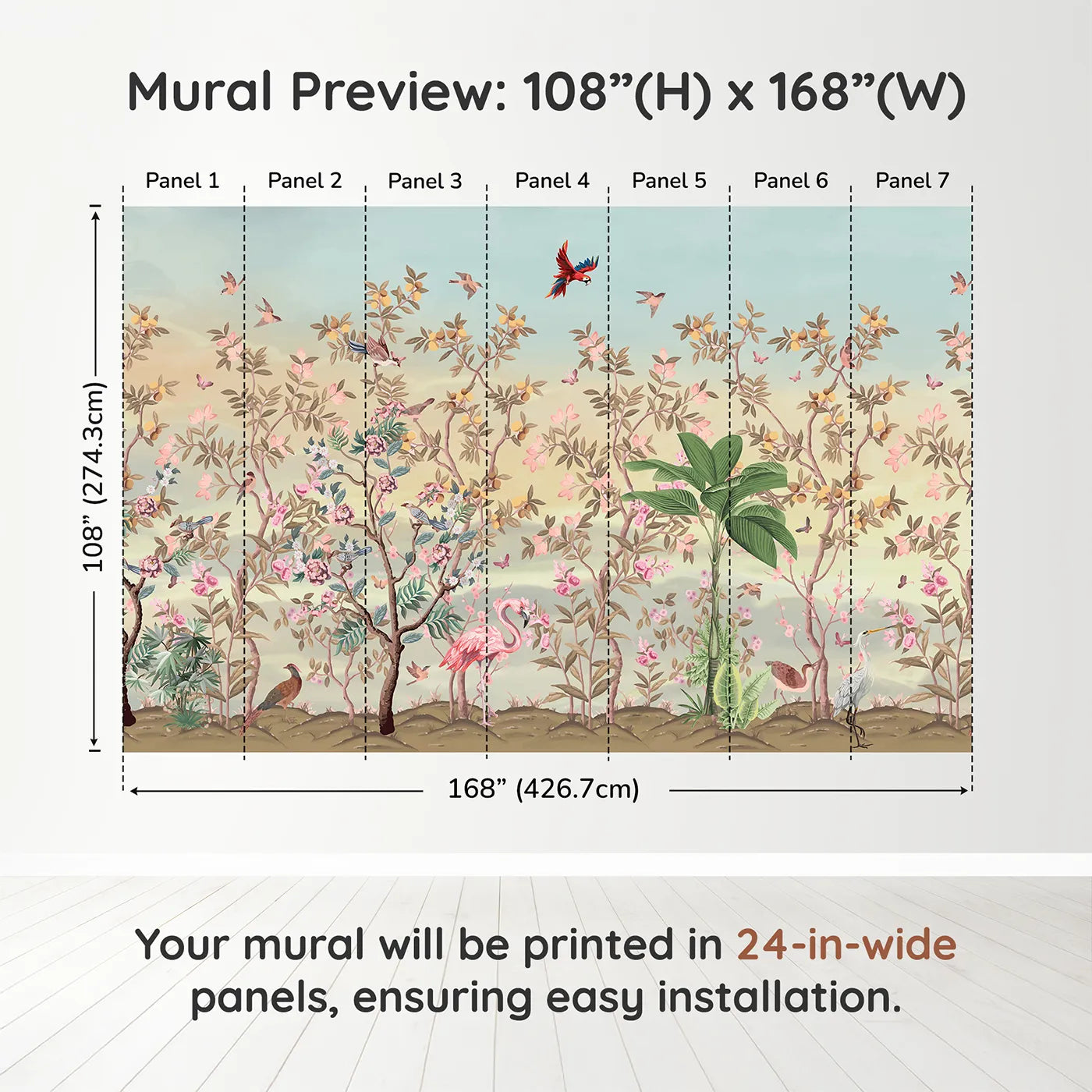 Whimsy Tots Exotic Bird Garden Wall Mural in Pinkdimension view (108" H x 168" W). Printed in seven 24-inch-wide panels. Gender-Neutral