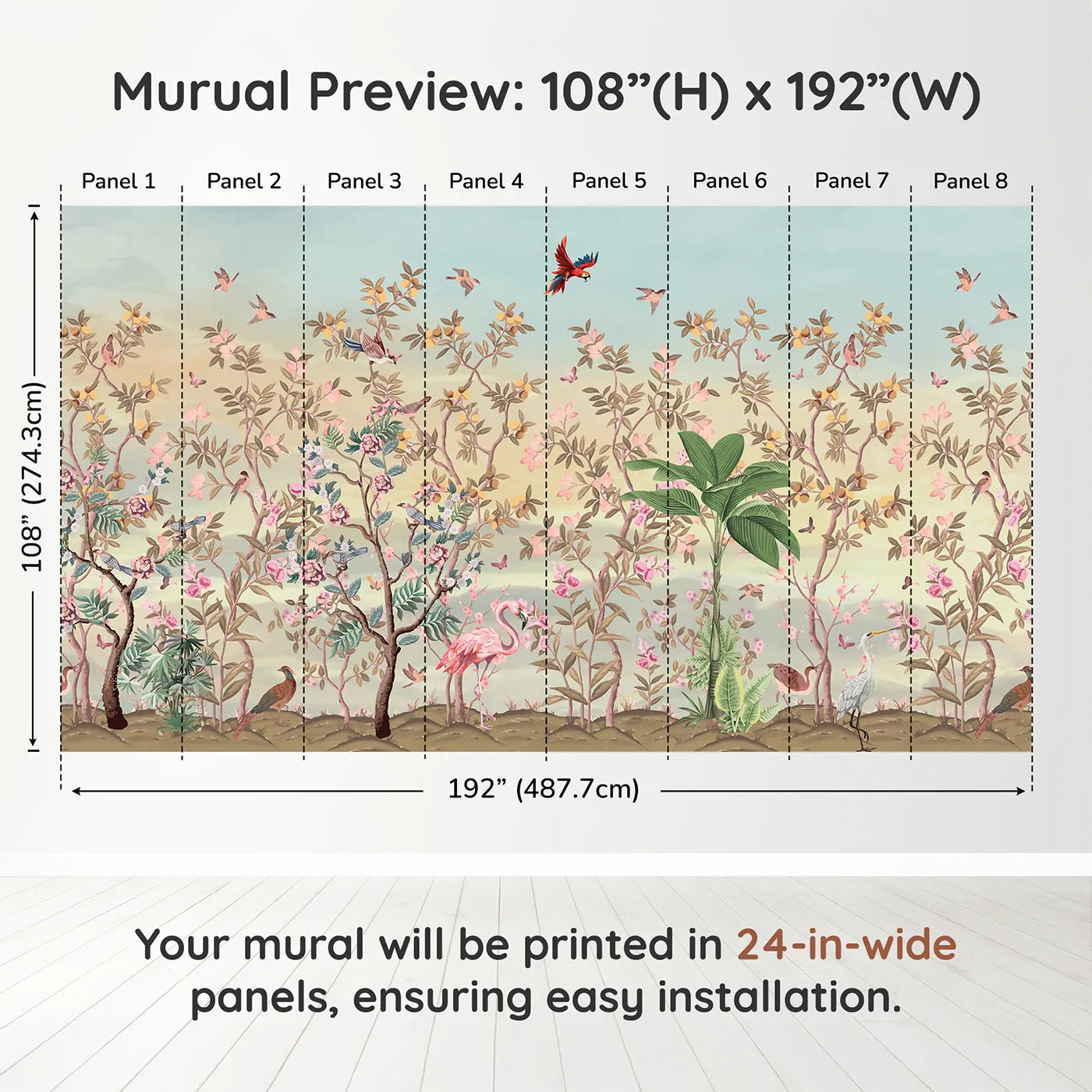 Whimsy Tots Exotic Bird Garden Wall Mural in Pinkdimension view (108" H x 192" W). Printed in eight 24-inch-wide panels. Gender-Neutral