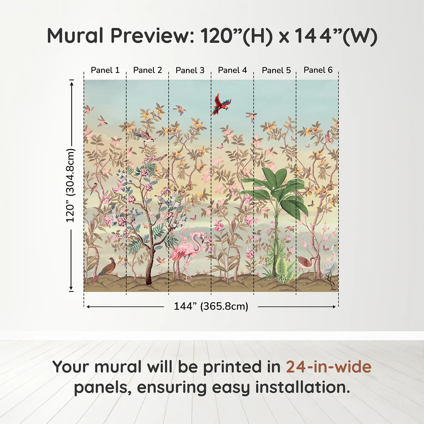 Whimsy Tots Exotic Bird Garden Wall Mural in Pinkdimension view (120" H x 144" W). Printed in six 24-inch-wide panels. Gender-Neutral
