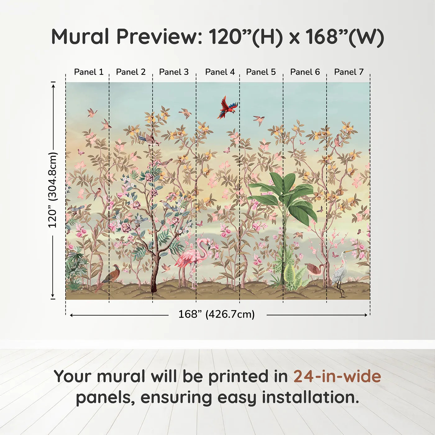 Whimsy Tots Exotic Bird Garden Wall Mural in Pinkdimension view (120" H x 168" W). Printed in seven 24-inch-wide panels. Gender-Neutral