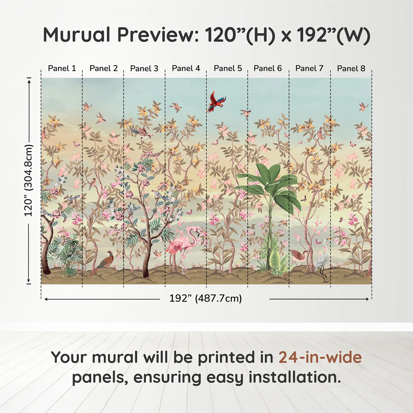 Whimsy Tots Exotic Bird Garden Wall Mural in Pinkdimension view (120" H x 192" W). Printed in eight 24-inch-wide panels. Gender-Neutral