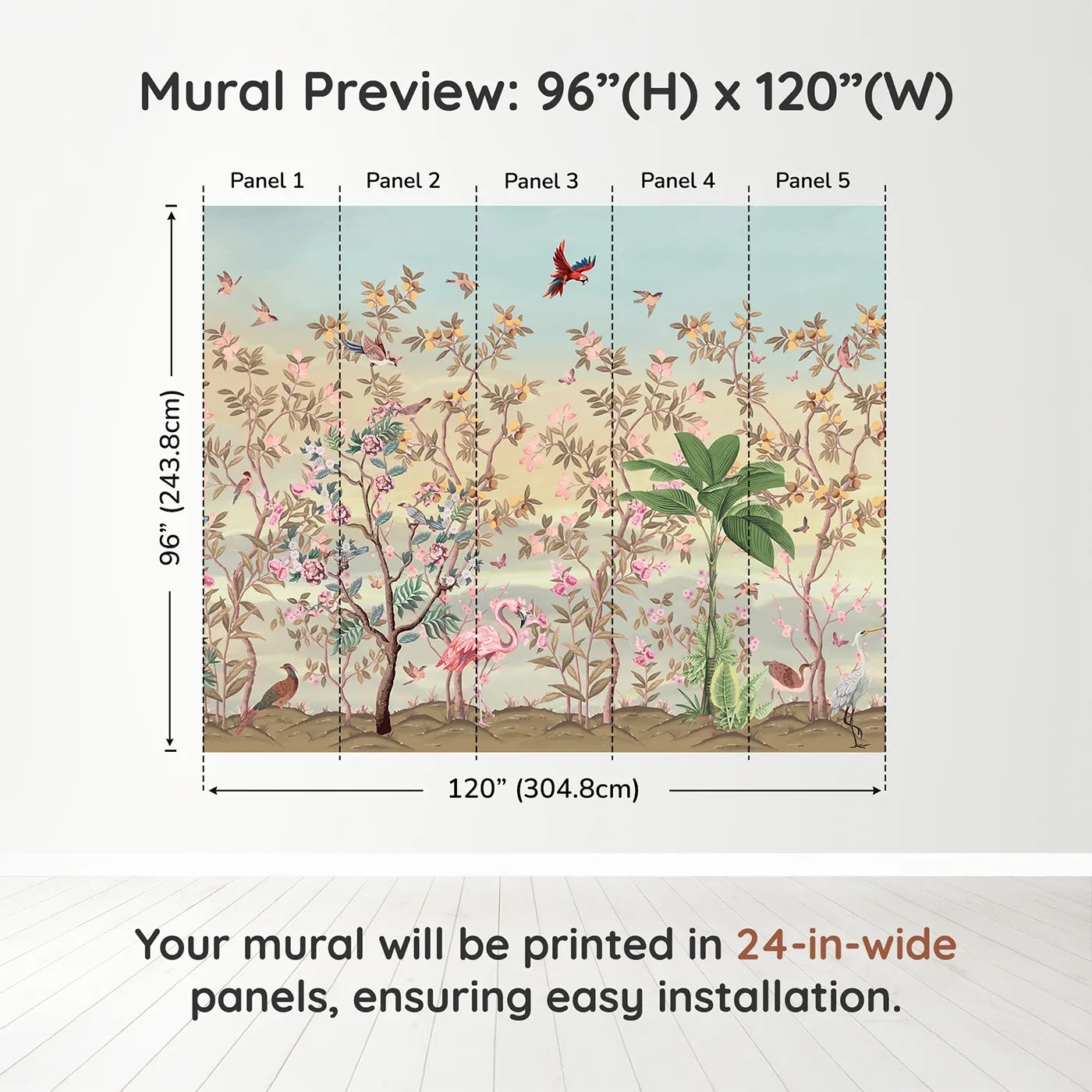 Whimsy Tots Exotic Bird Garden Wall Mural in Pinkdimension view (96" H x 120" W). Printed in five 24-inch-wide panels. Gender-Neutral
