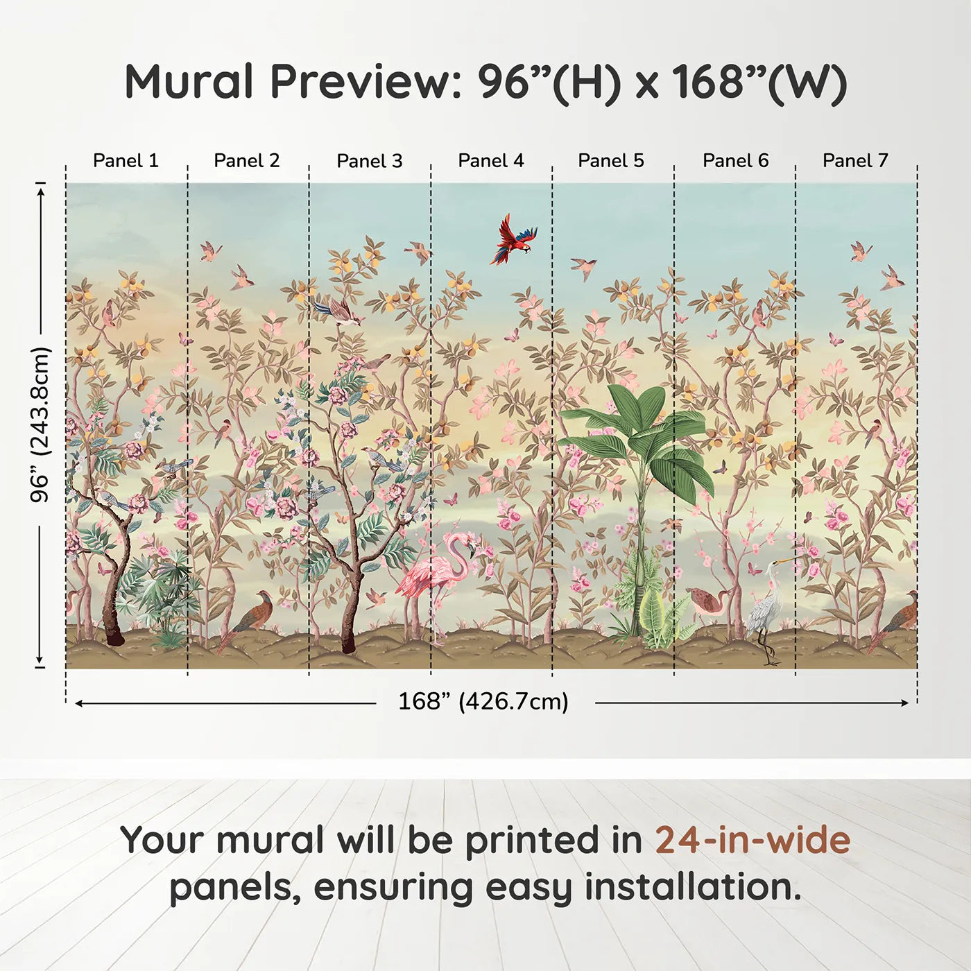 Whimsy Tots Exotic Bird Garden Wall Mural in Pinkdimension view (96" H x 168" W). Printed in seven 24-inch-wide panels. Gender-Neutral