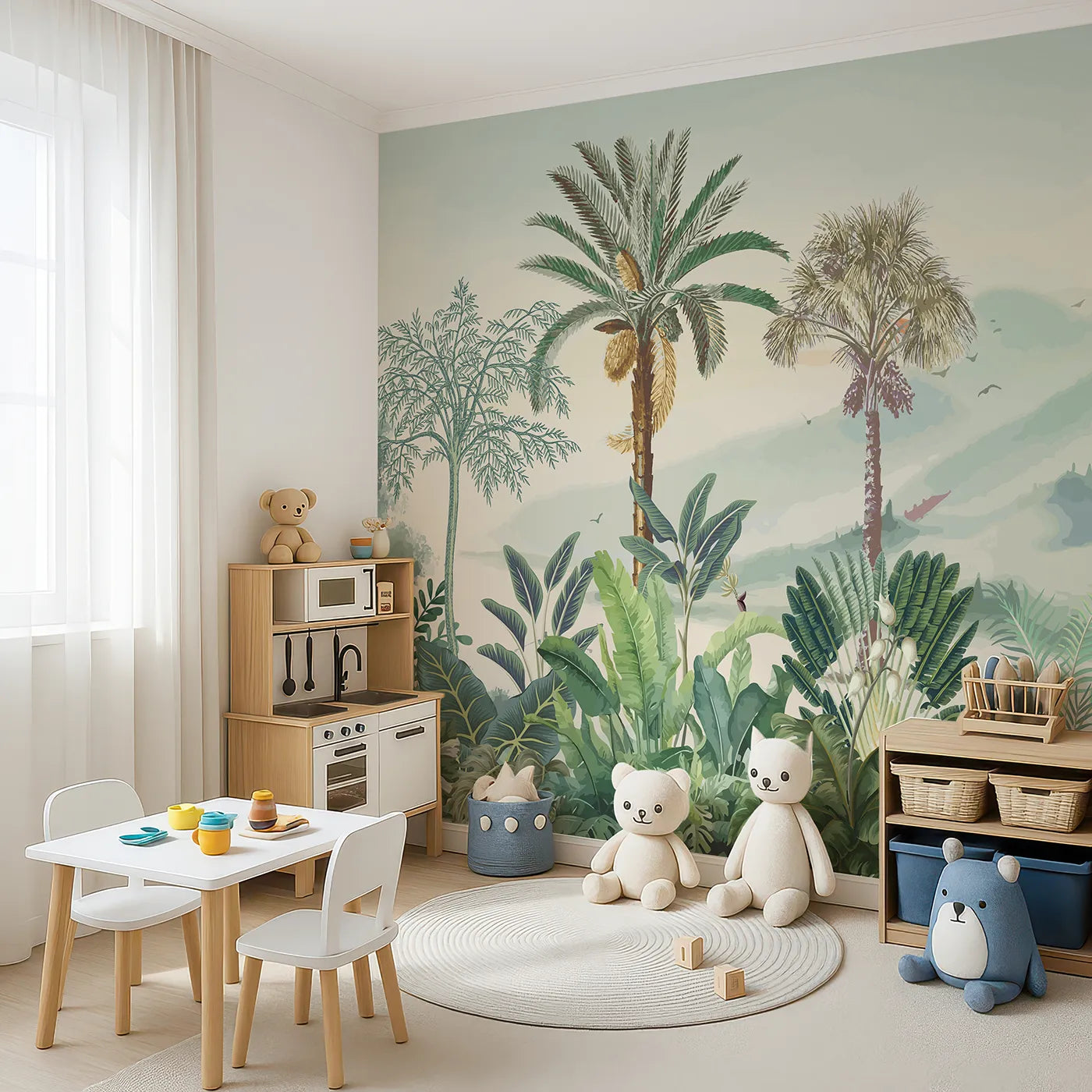 Angled view of Whimsy Tots' Misty Tropical Panorama Wall Mural (Turn Their Room into a Lush, Ethereal Rainforest).Gender-Neutral