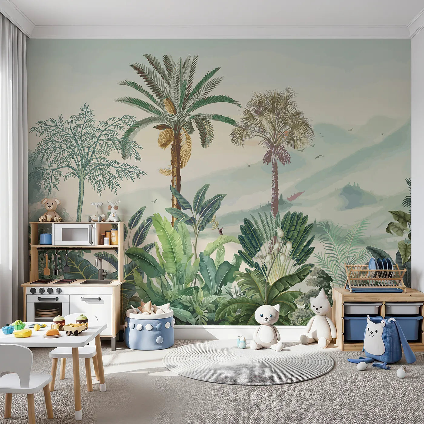 Front view of Whimsy Tots' Misty Tropical Panorama Wall Mural