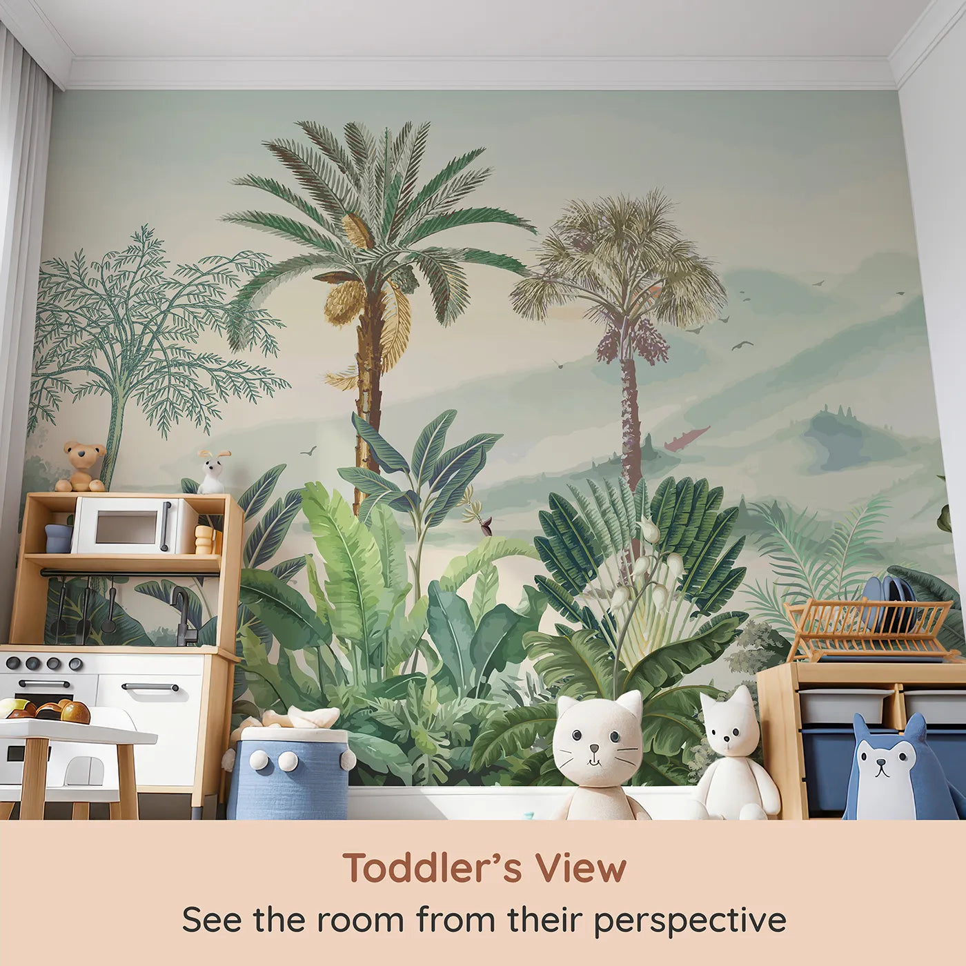 Whimsy Tots Misty Tropical Panorama Wall Mural (Turn Their Room into a Lush, Ethereal Rainforest) from your child's view.Gender-Neutral