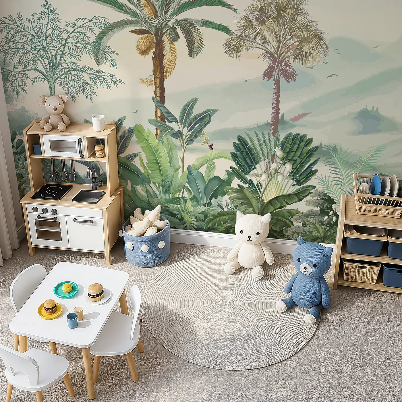 Top-down view of Whimsy Tots' Misty Tropical Panorama Wall Mural (Turn Their Room into a Lush, Ethereal Rainforest).Gender-Neutral