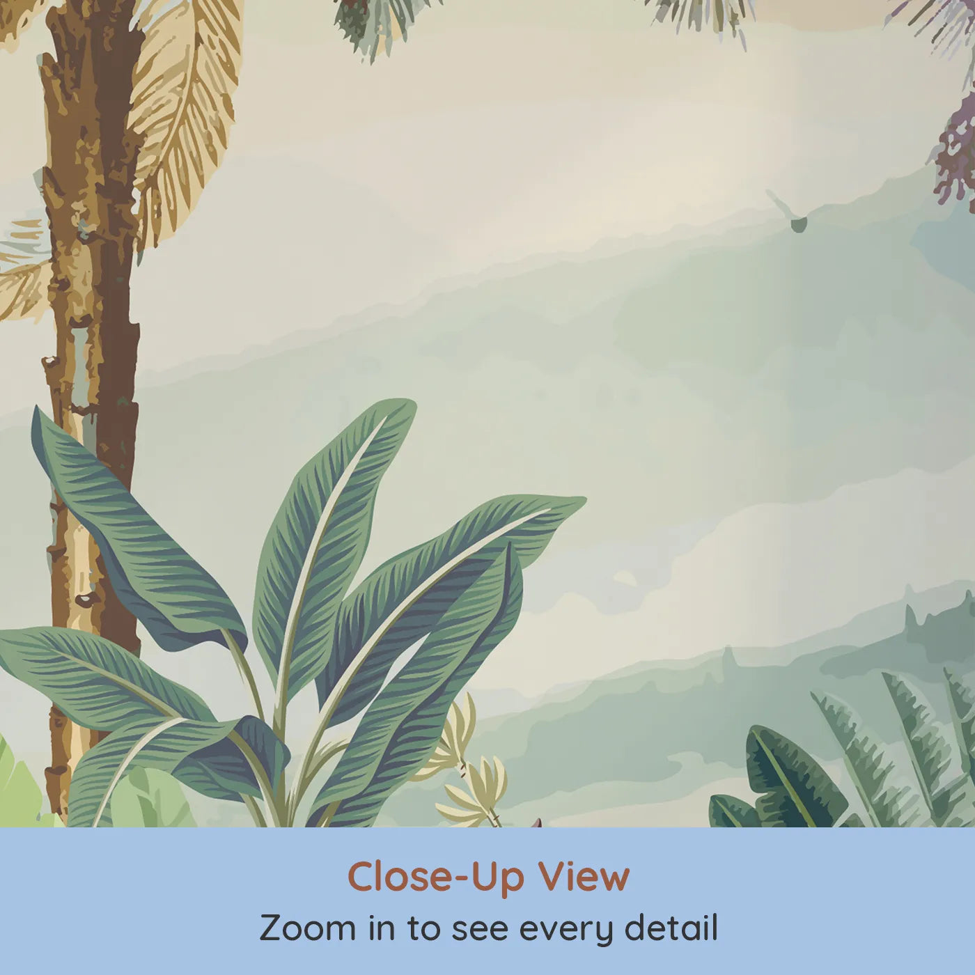 Close-up view of Whimsy Tots' Misty Tropical Panorama Wall Mural (Turn Their Room into a Lush, Ethereal Rainforest).Gender-Neutral