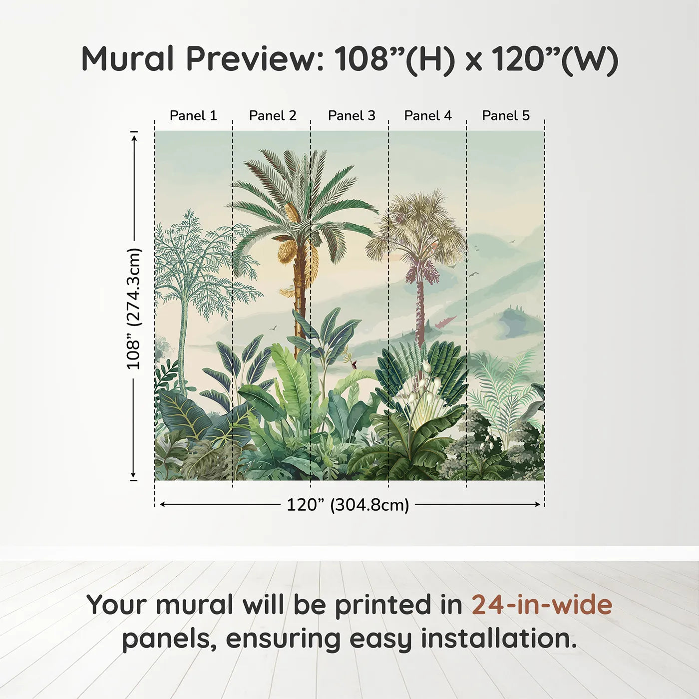 Whimsy Tots Misty Tropical Panorama Wall Muraldimension view (108" H x 120" W). Printed in five 24-inch-wide panels. Gender-Neutral